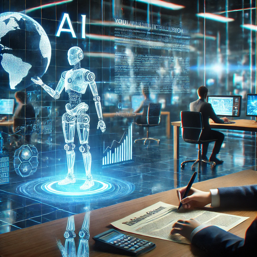 A futuristic newsroom where AI and human journalists collaborate.