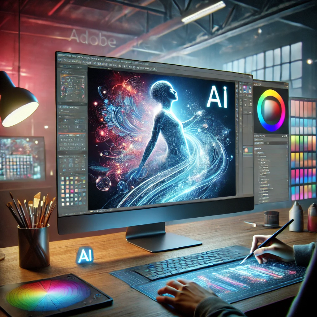 A digital artist using Adobe Firefly’s AI-powered tools on a tablet.