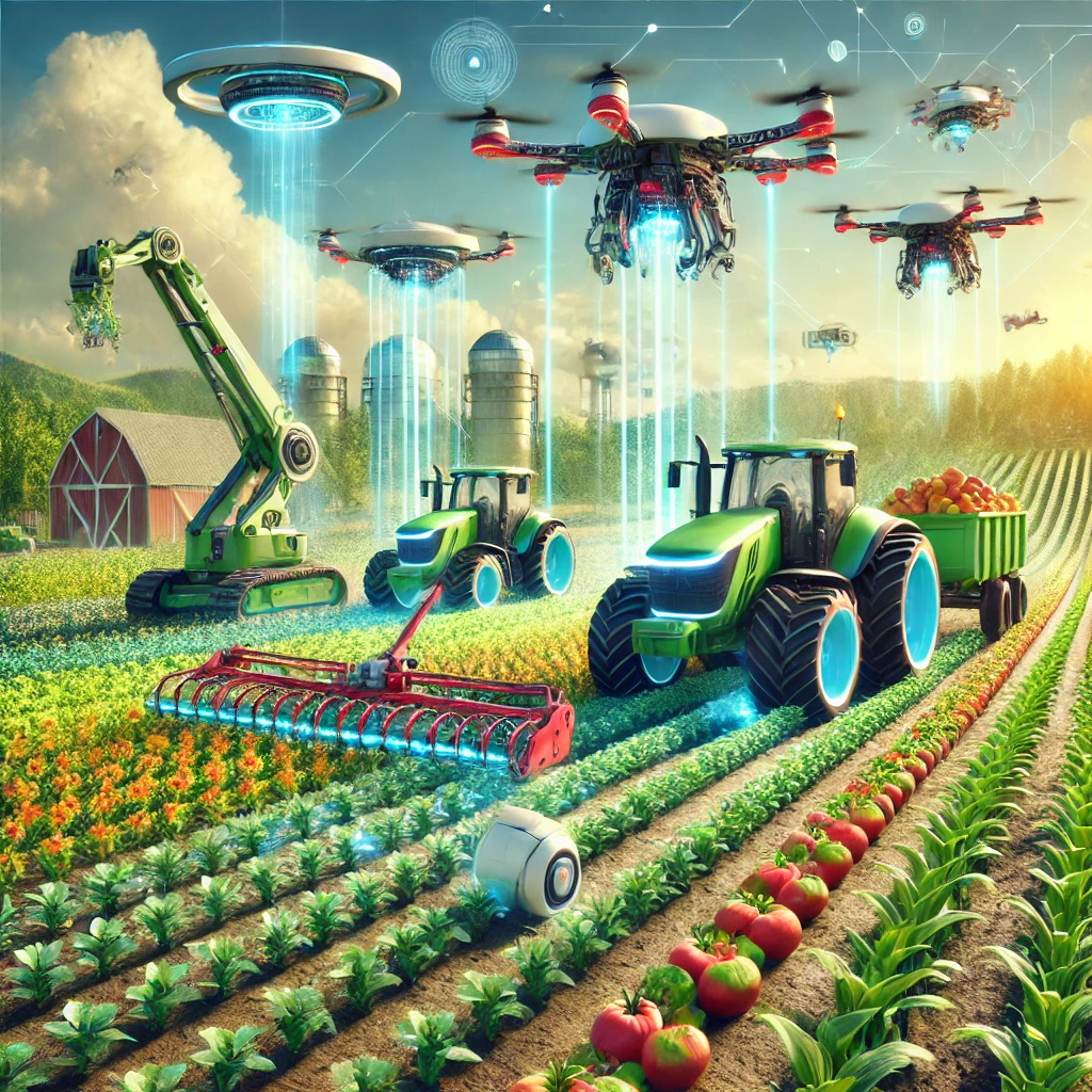 AI-driven robotic harvester picking ripe fruits with precision.