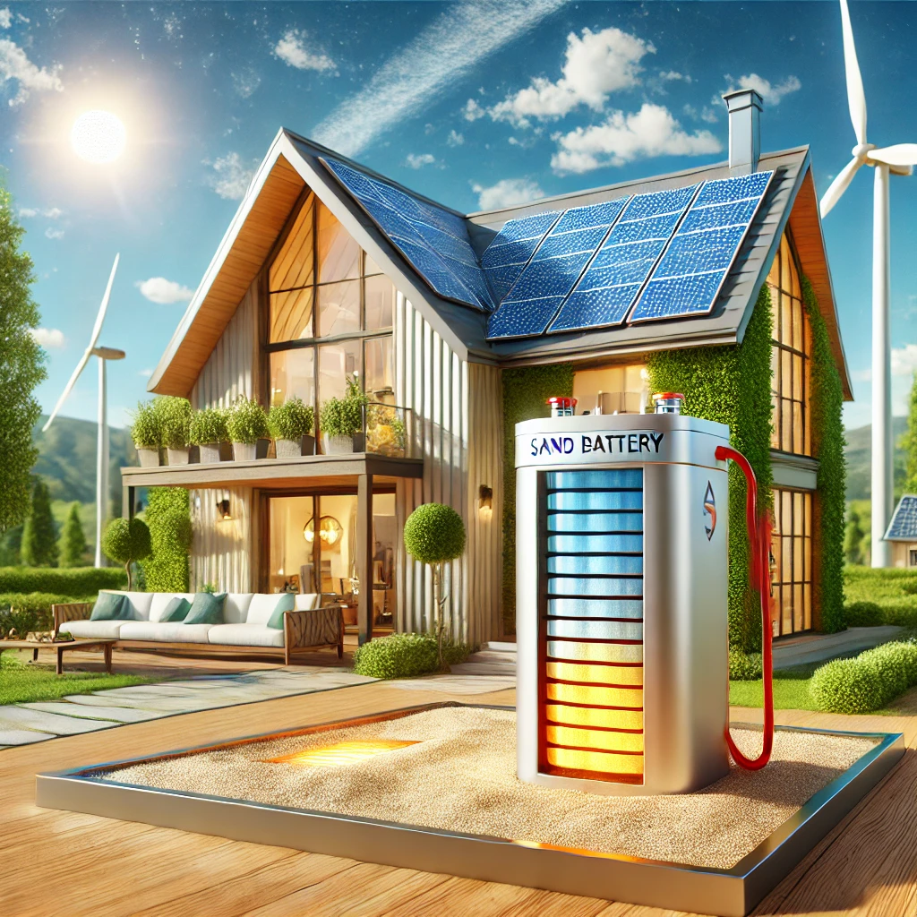 A futuristic home powered by renewable energy stored in a sand battery system.