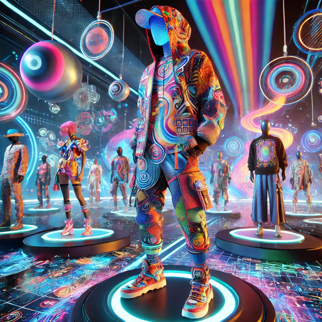 Digital fashion outfits displayed in a futuristic metaverse environment.