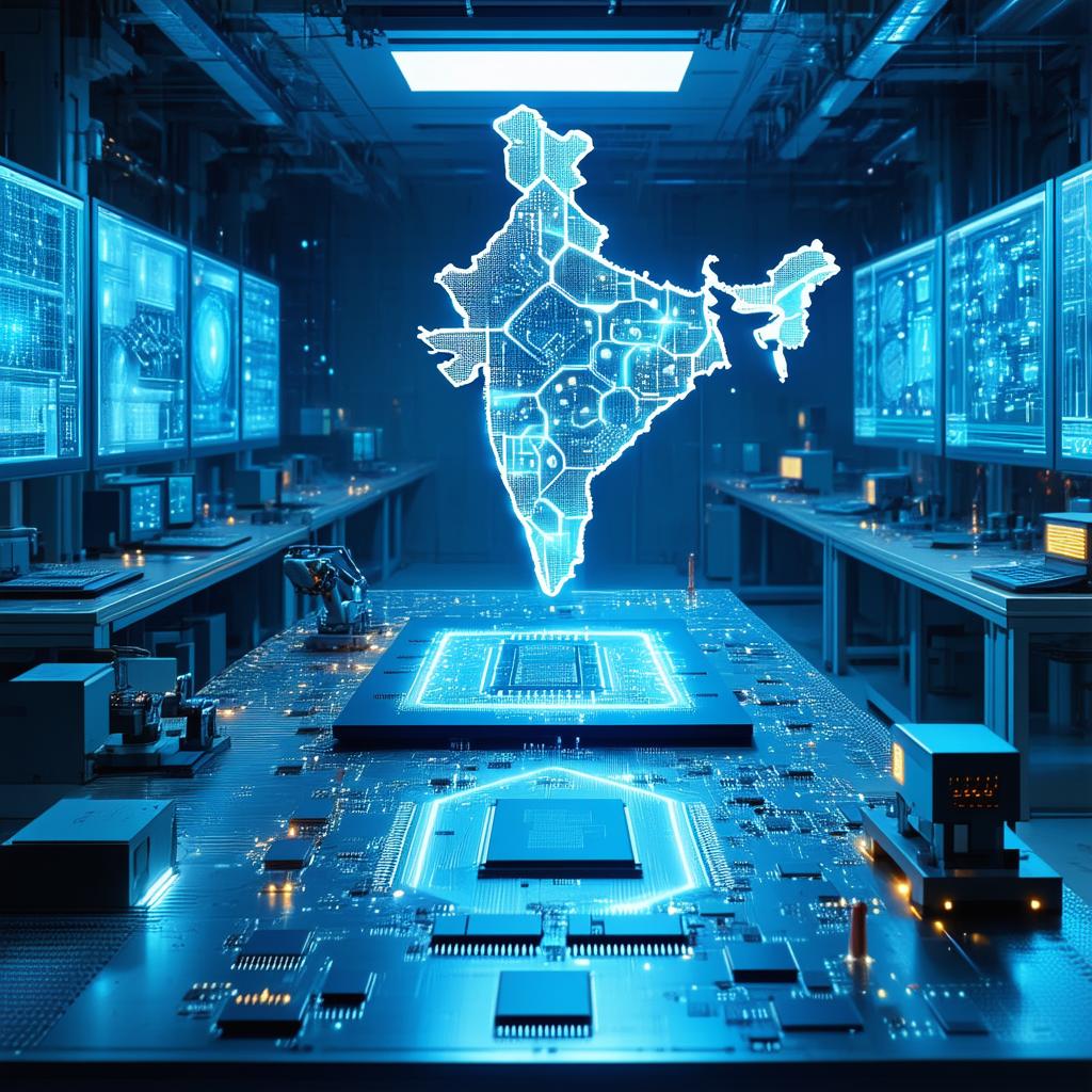 A futuristic AI semiconductor factory in India with holographic displays.