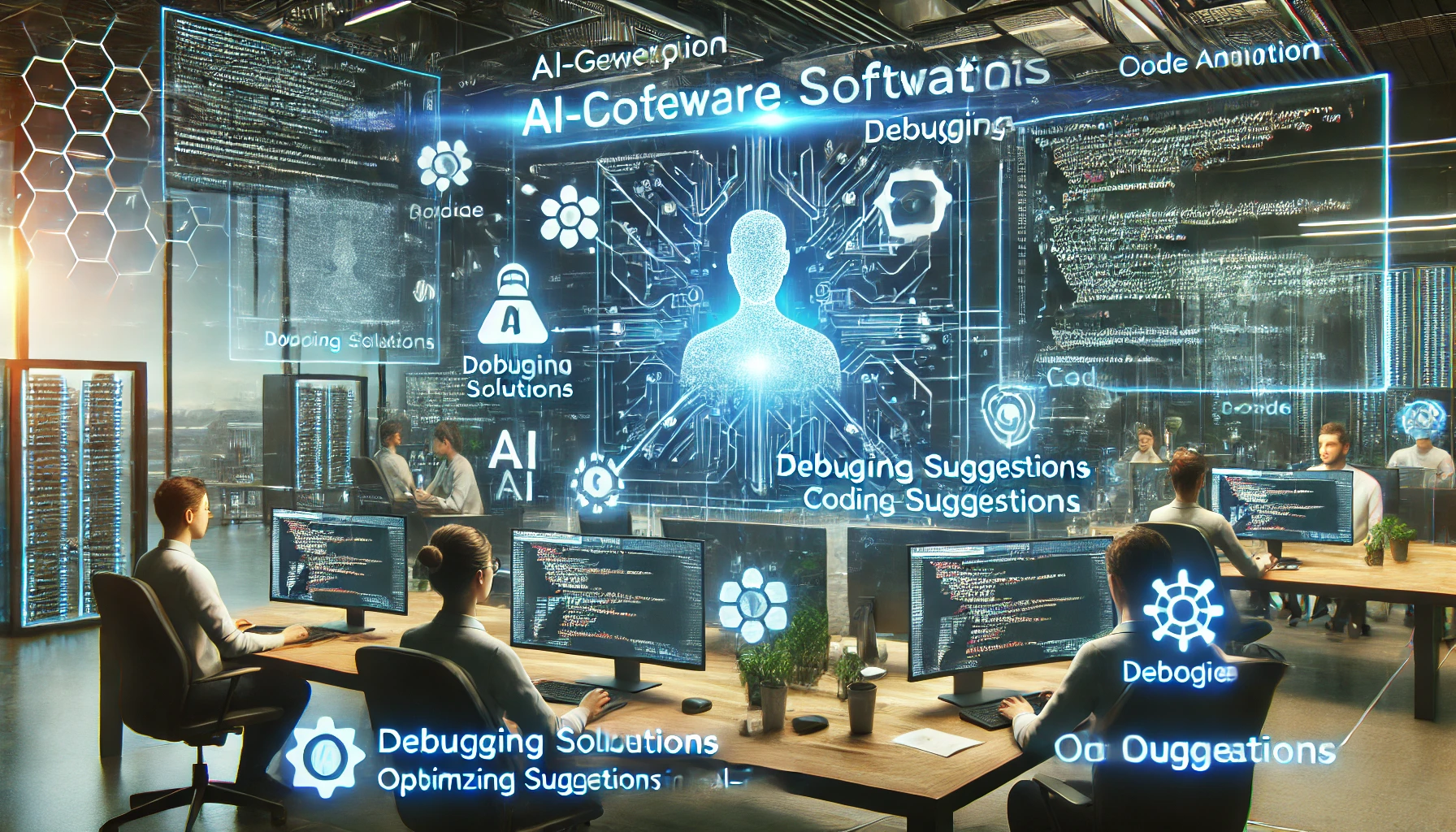 AI software analyzing and debugging lines of code on a developer’s screen.