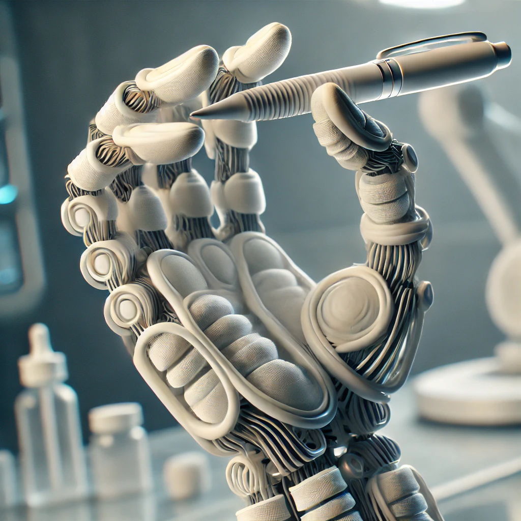 A futuristic soft robotic hand delicately holding a pen, showcasing flexibility and precision.