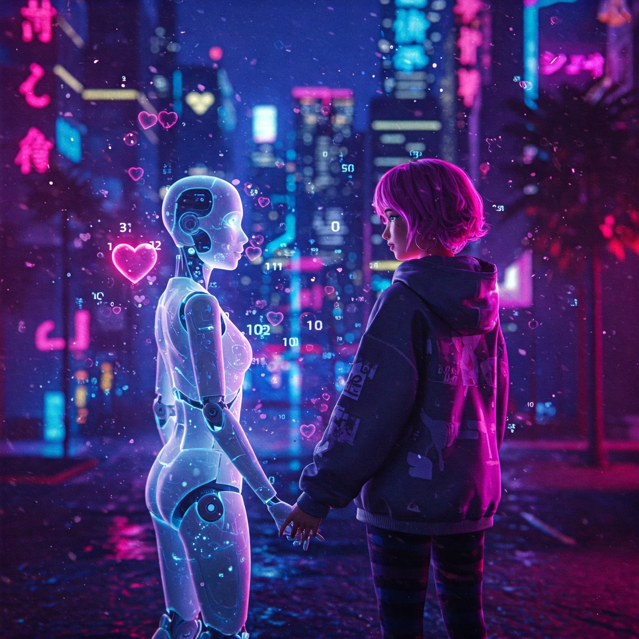 A young person with pink hair holds hands with a glowing white humanoid AI in a vibrant neon city. Heart-shaped data streams float around them.