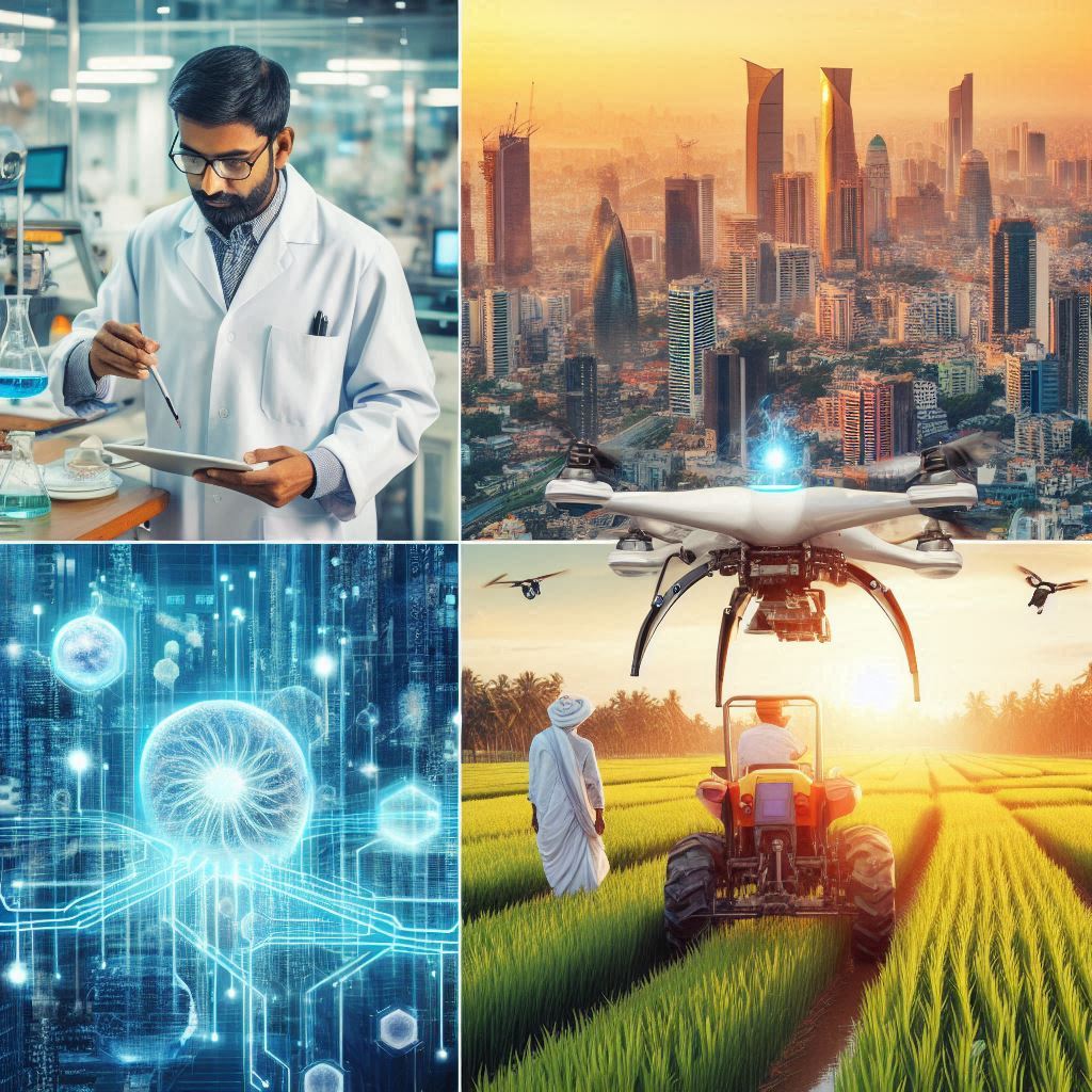 Indian researchers, AI drones, and smart city collage.