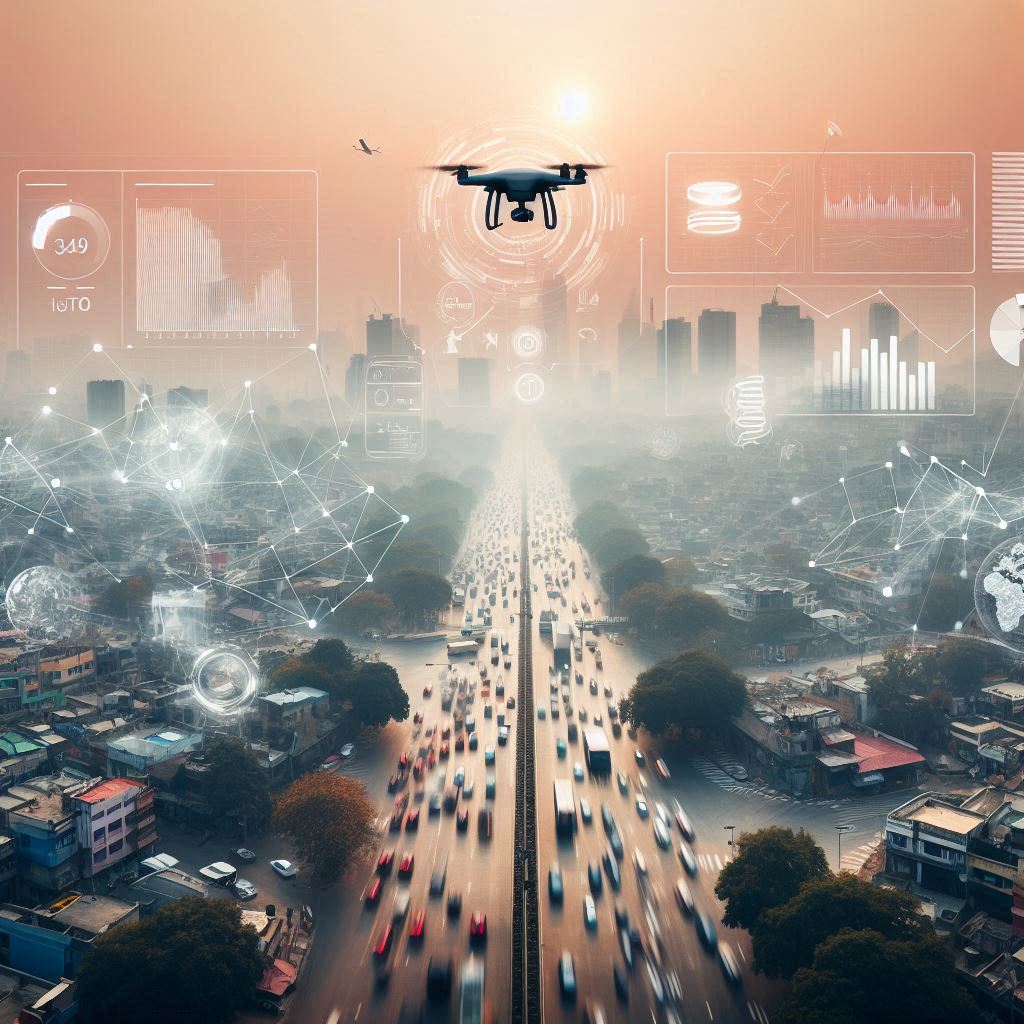 A dynamic cityscape of Delhi under hazy skies, featuring digital overlays with AQI readings, IoT sensors on roads, and a drone monitoring pollution, with semi-transparent graphs in the background.