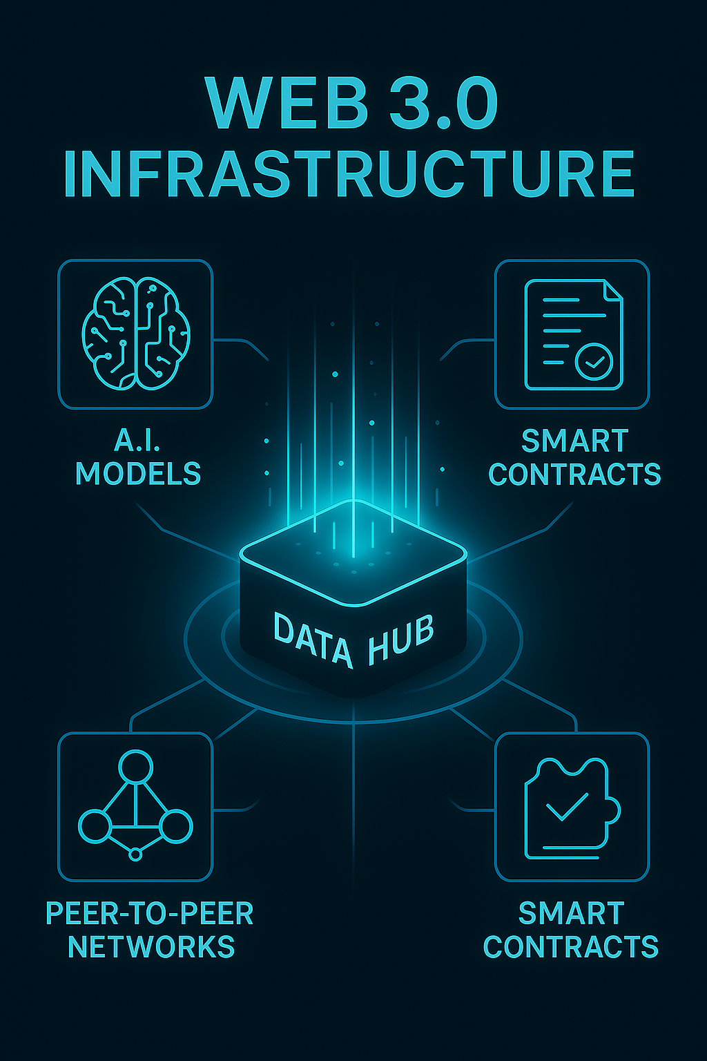 A glowing central data hub labeled ‘Web3.0 Infrastructure,’ surrounded by AI models, peer-to-peer networks, and smart contracts in a sleek tech infographic design.