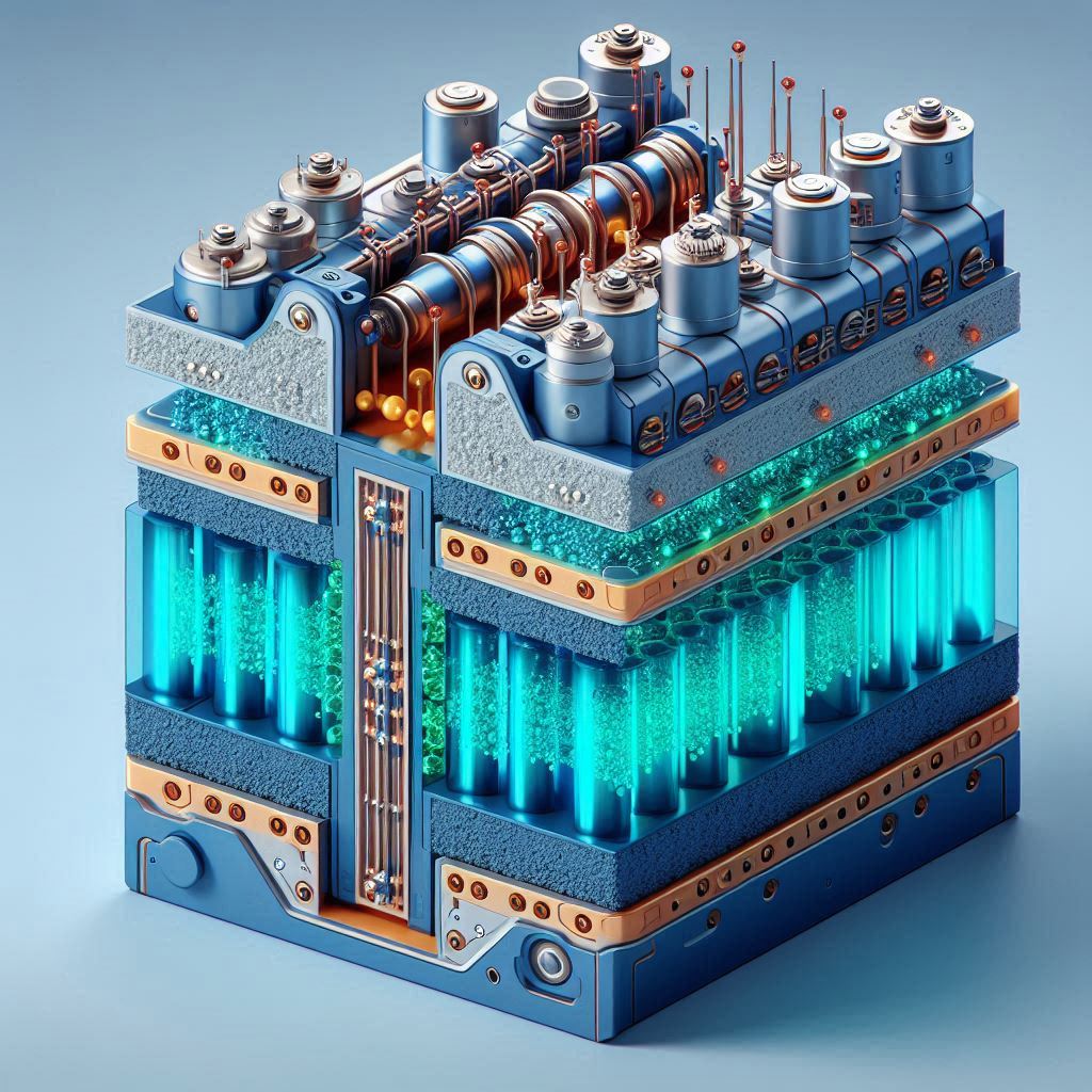 A cutaway 3D rendering of a NASICON-based sodium-ion battery, showcasing ion movement between cathode and anode, with a labeled structure in a futuristic sci-fi style