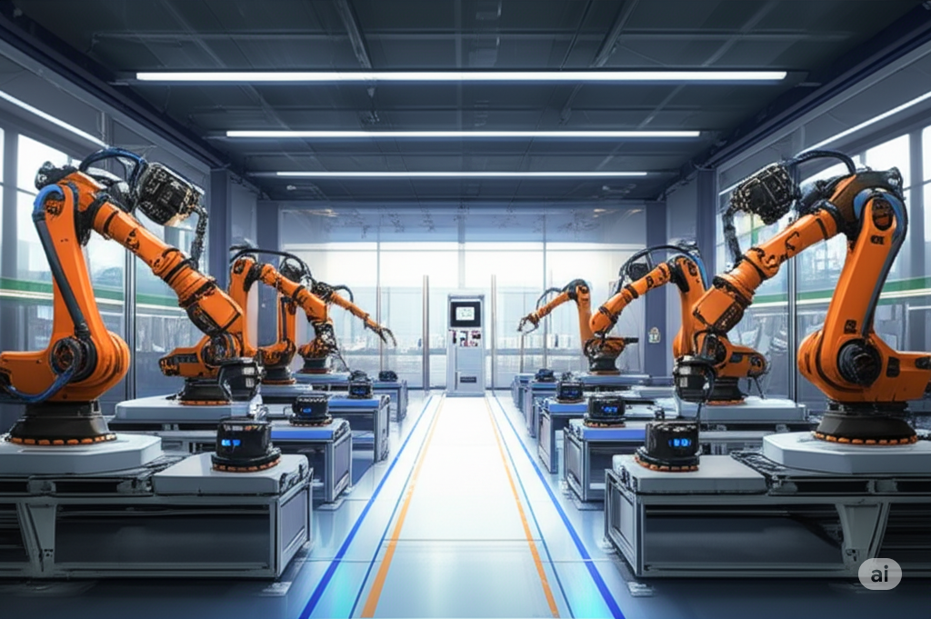Indian factory with robots and engineers.