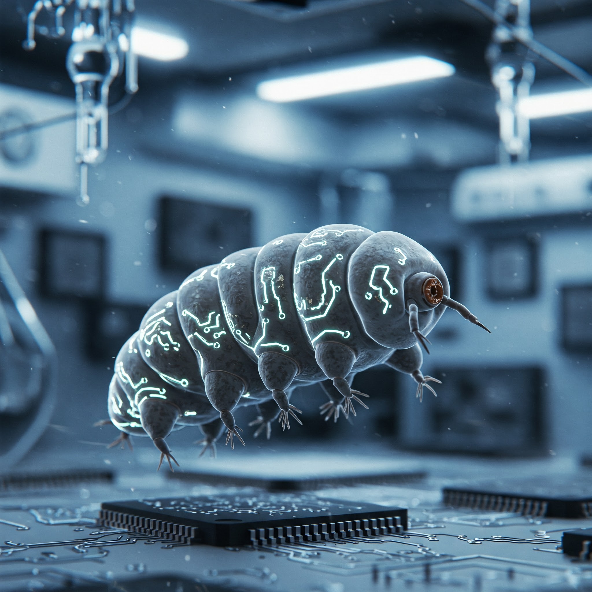 Microscopic tardigrade with glowing patterns.