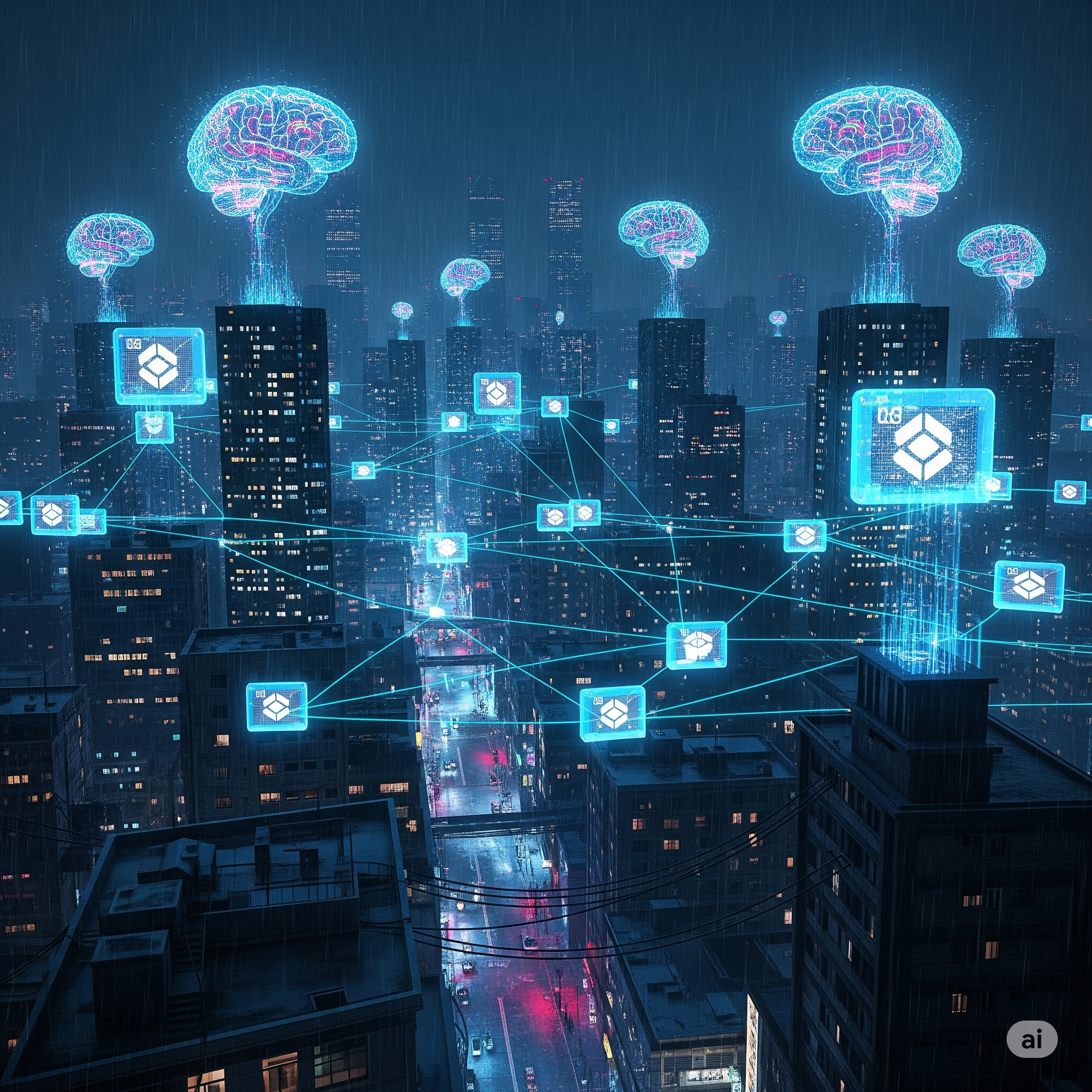 AI and blockchain integrated in a futuristic city.