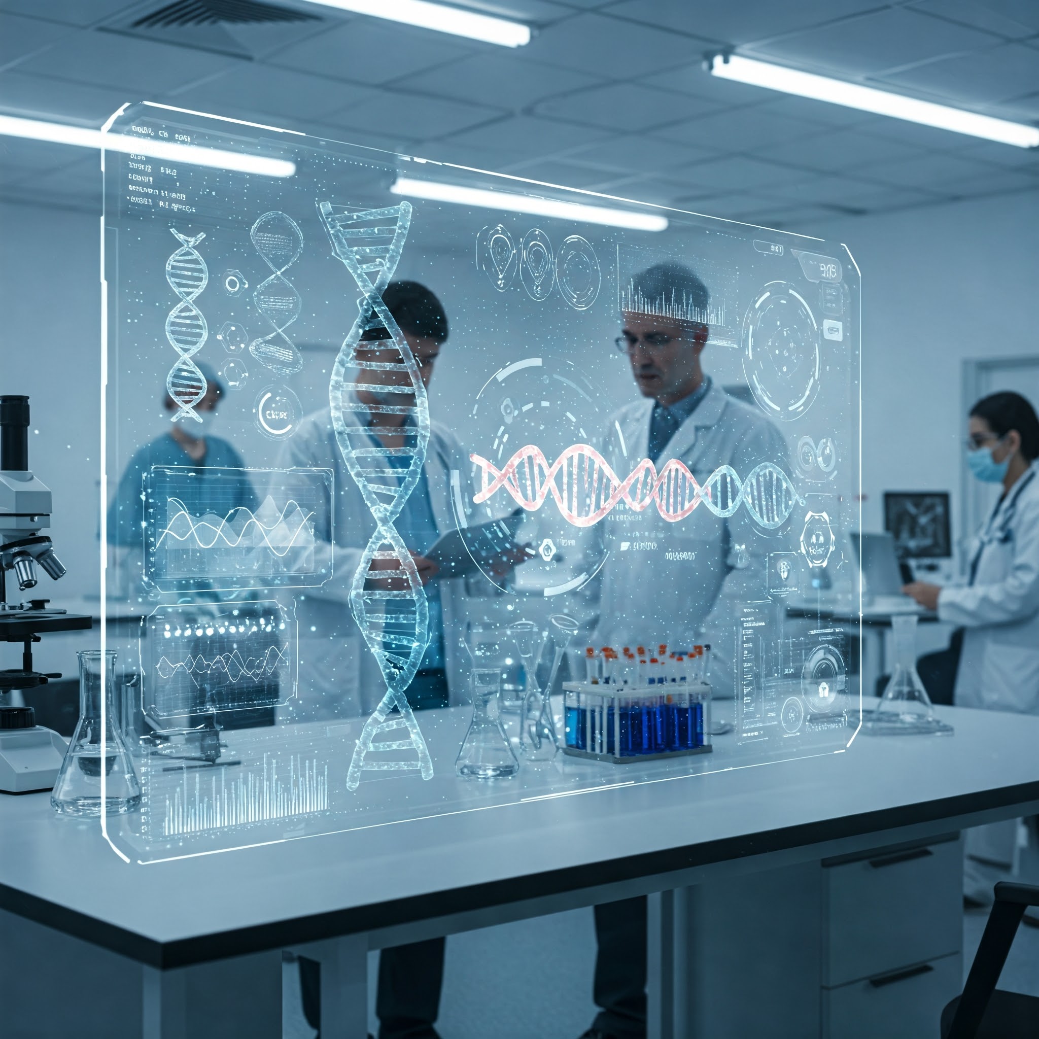 Doctors analyzing genetic sequences on a holographic screen.