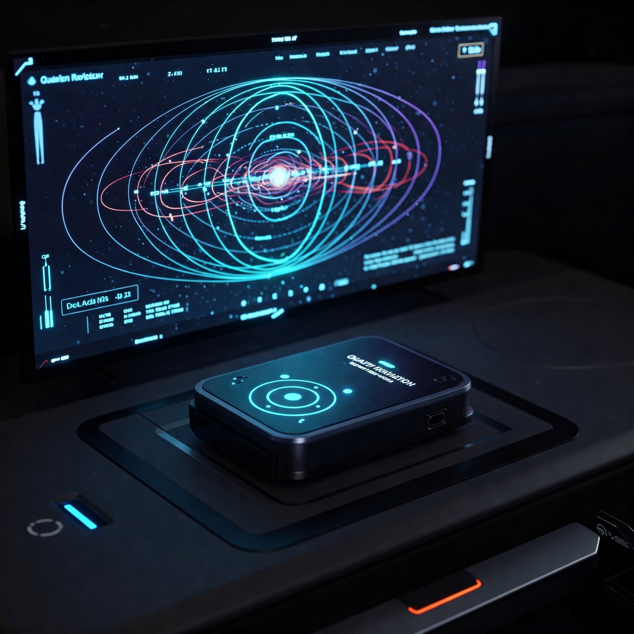 Quantum navigation device on futuristic dashboard.
