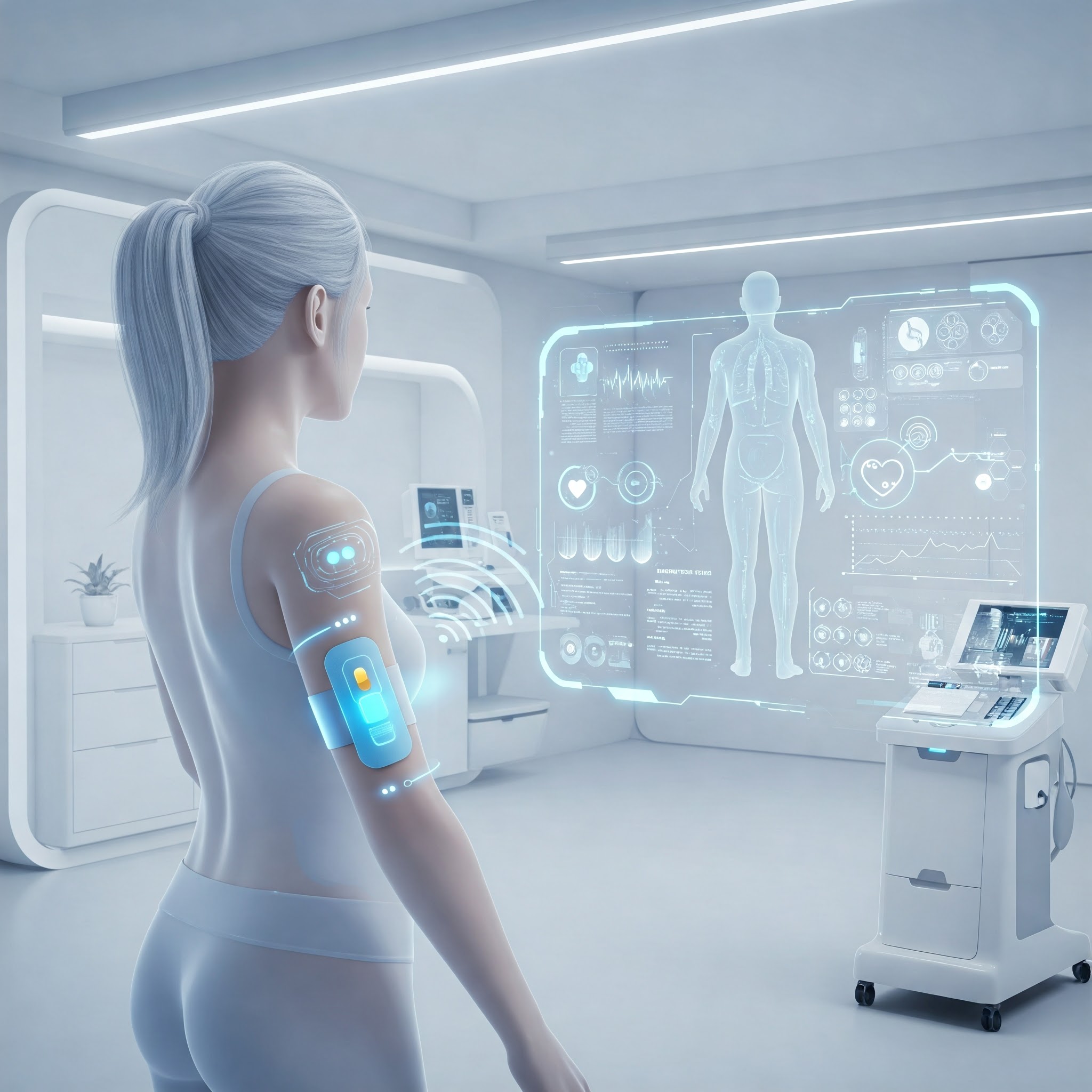 Futuristic healthcare with biosensor patch.