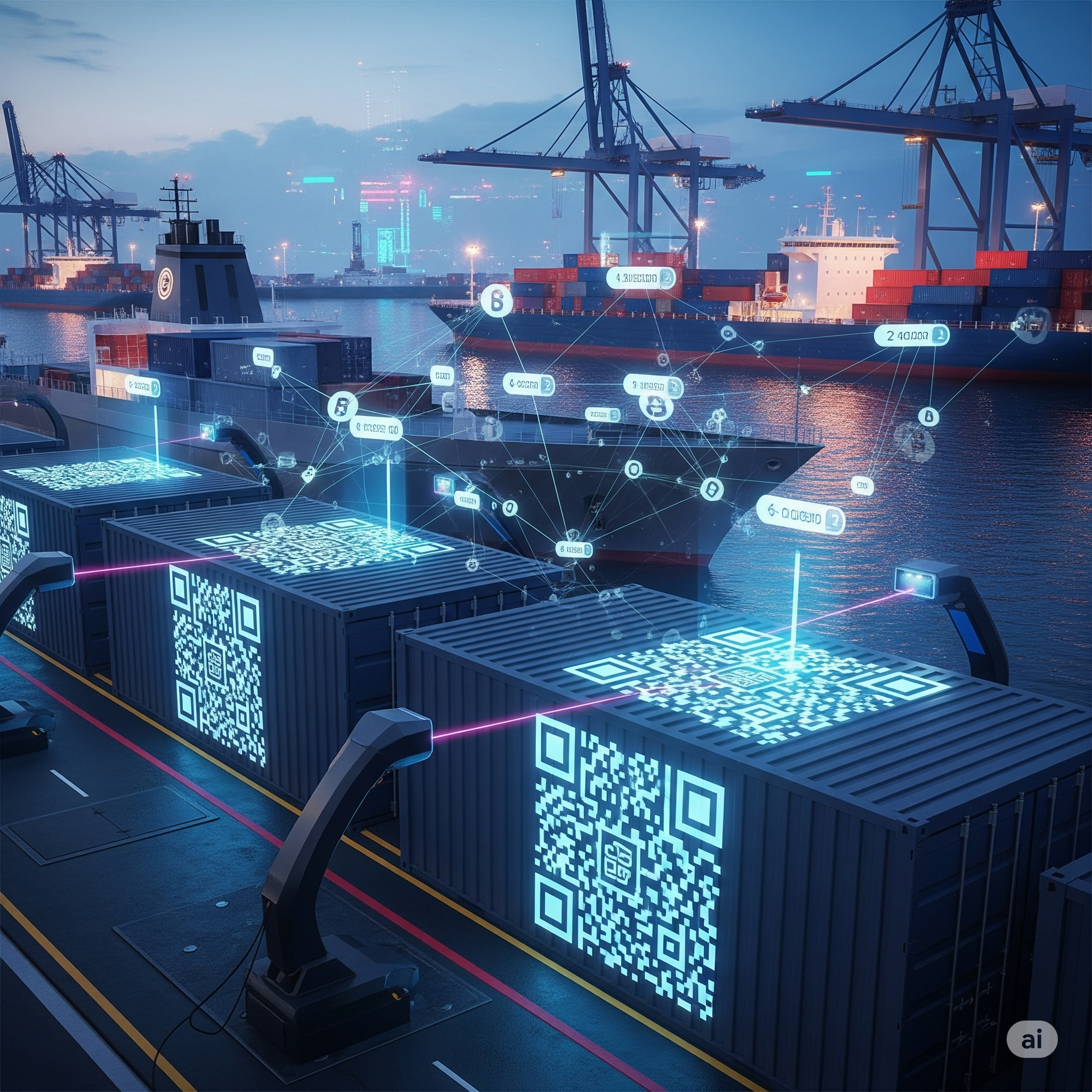 Futuristic port with blockchain-scanned containers.