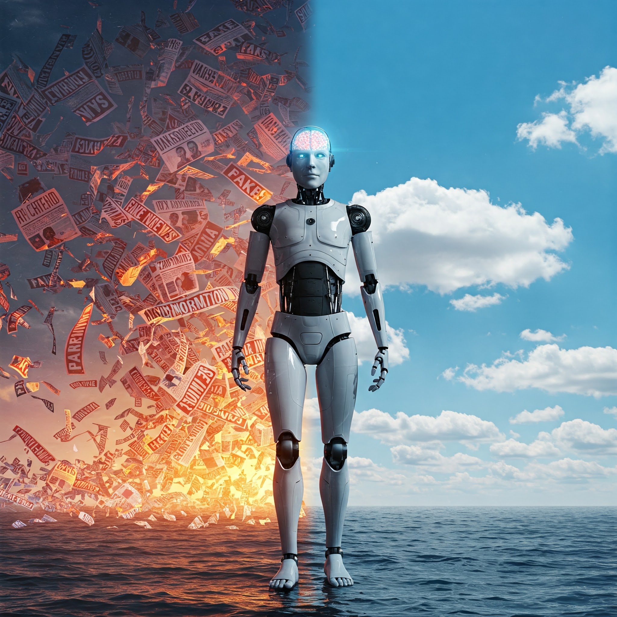 AI robot filters fake news, clear sky, verified info.