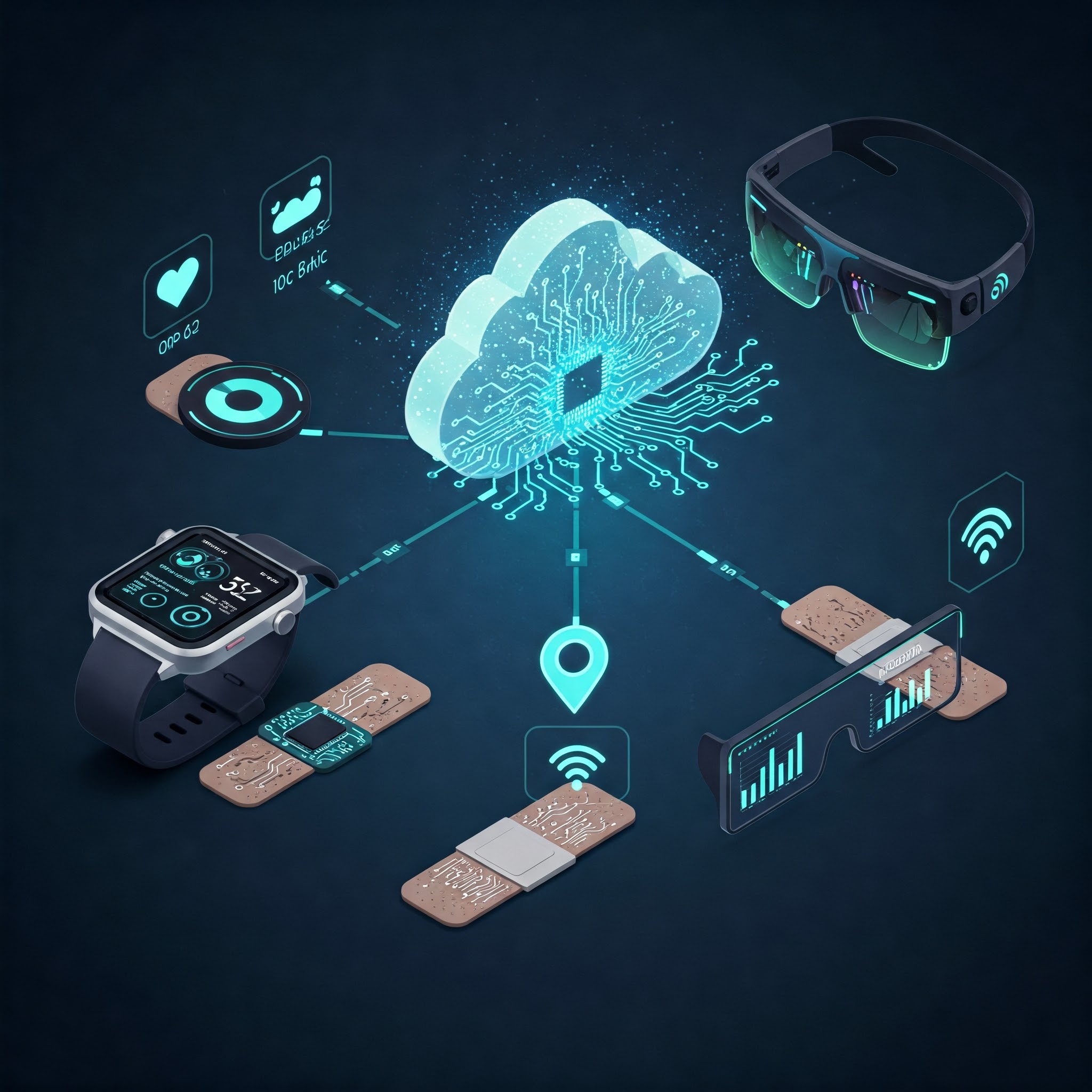 Futuristic wearable devices connected to a cloud hub.