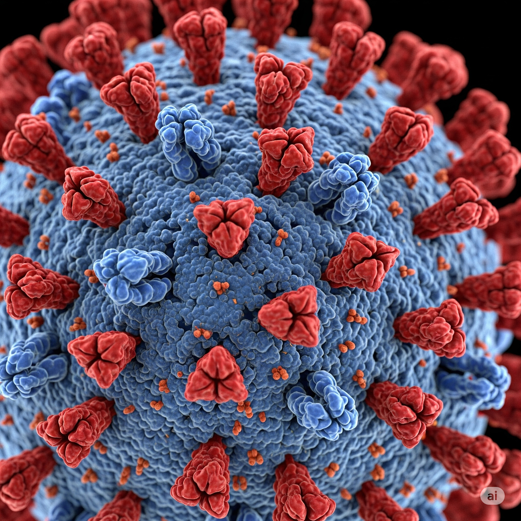 Close-up 3D rendering of Omicron LF7 virus particle.