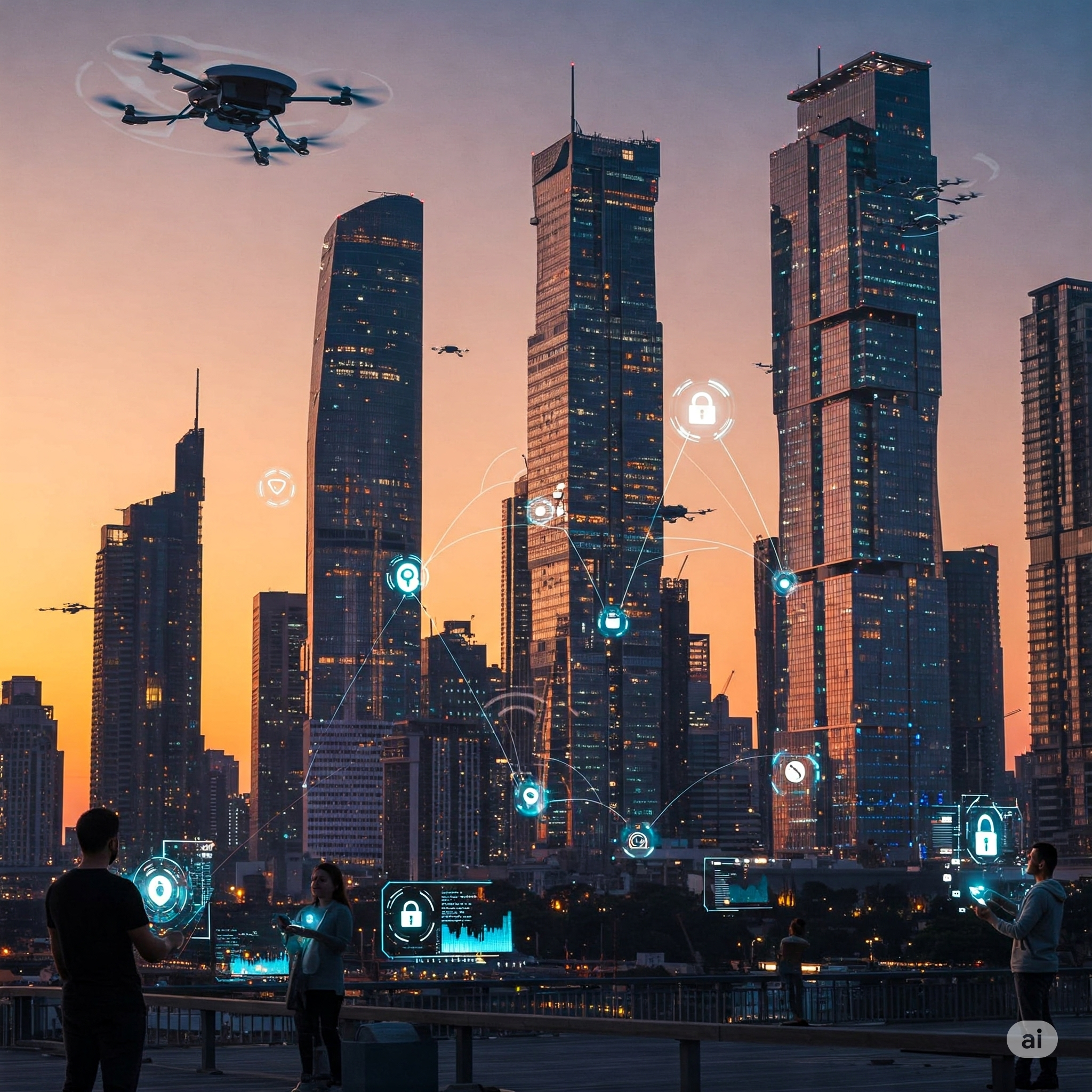 Futuristic smart city skyline with AI surveillance drones.