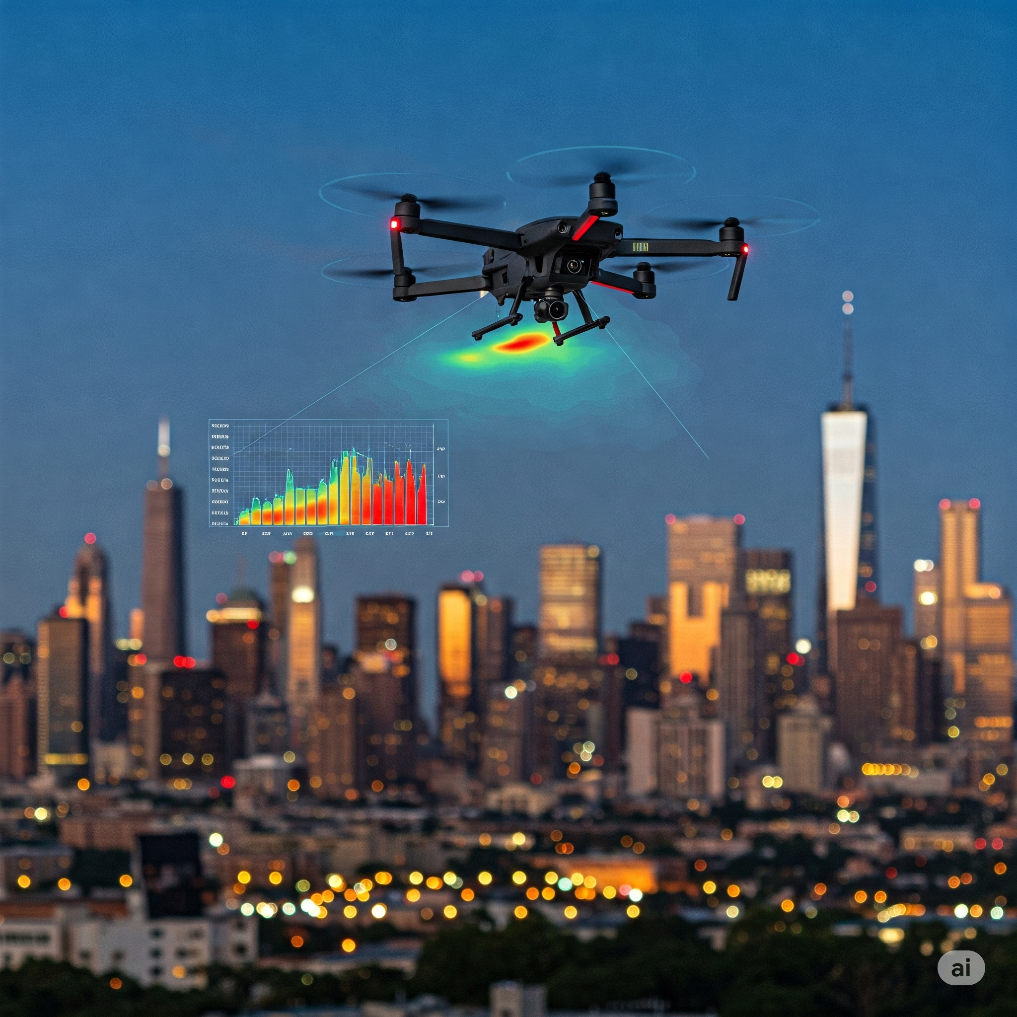 Drone with air sensors and pollution heatmap.