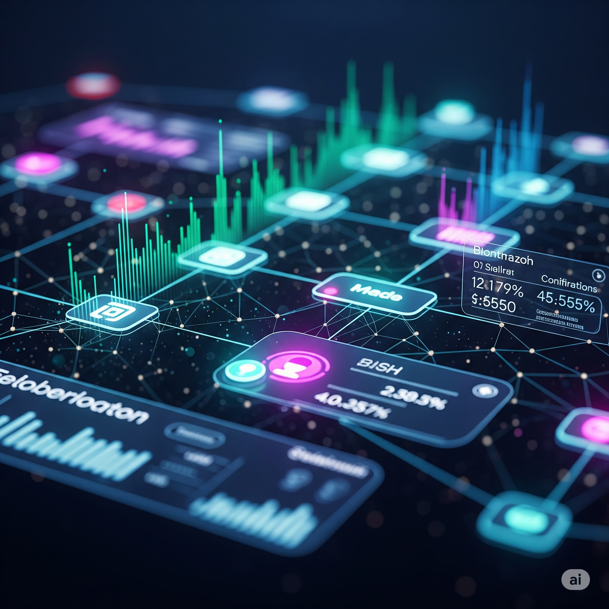 Decentralized blockchain network with glowing nodes.