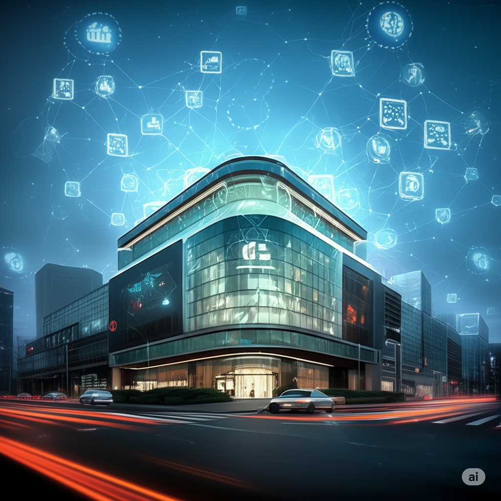 Futuristic Indian bank with floating blockchain network.