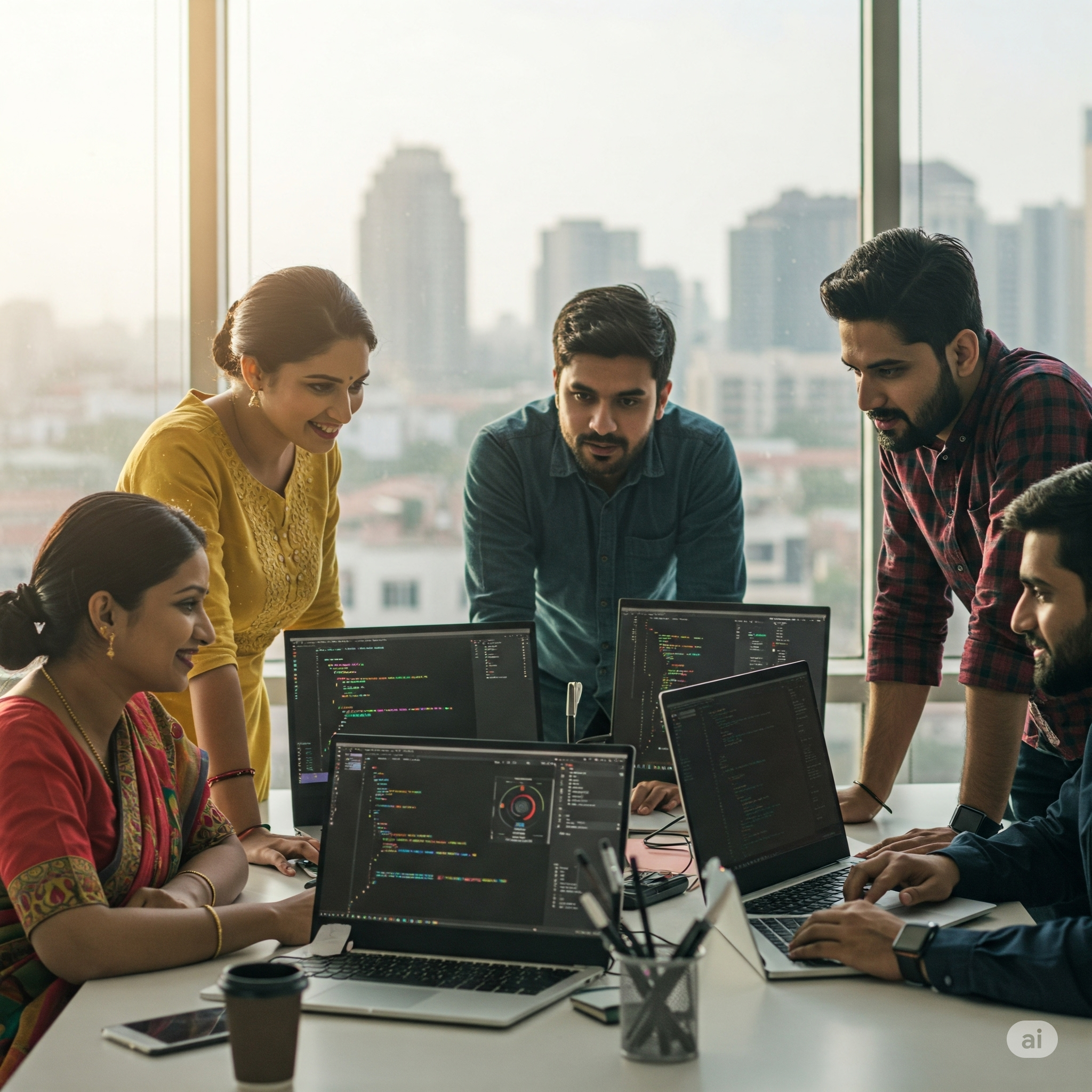 Professionals collaborating on AI model code.
