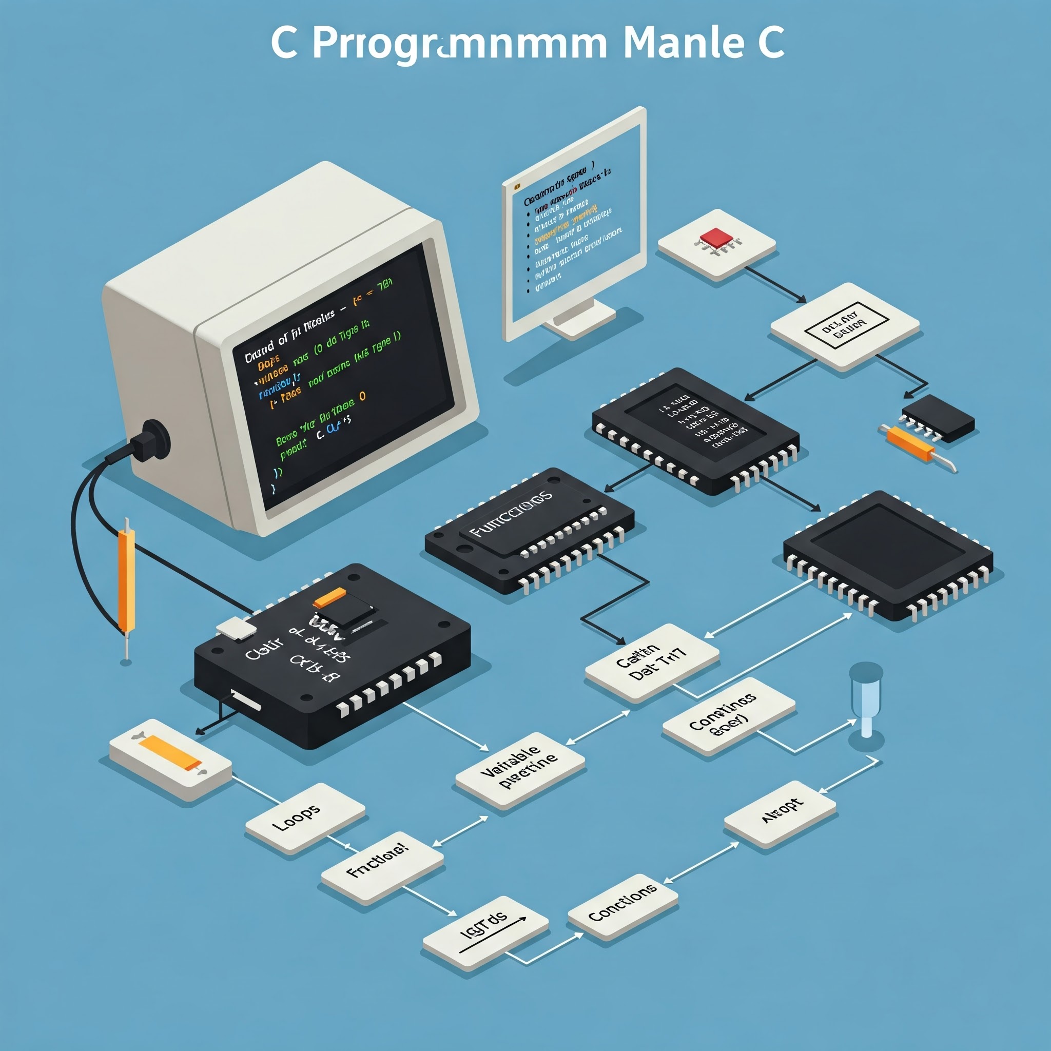 C programming fundamentals illustrated with code, terminal, chips.