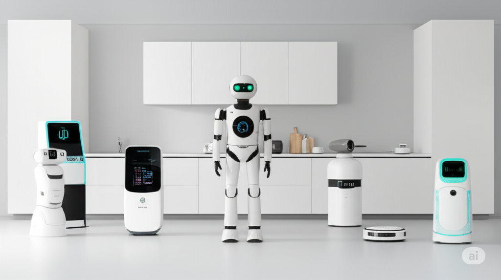Robot in a smart home with gadgets.
