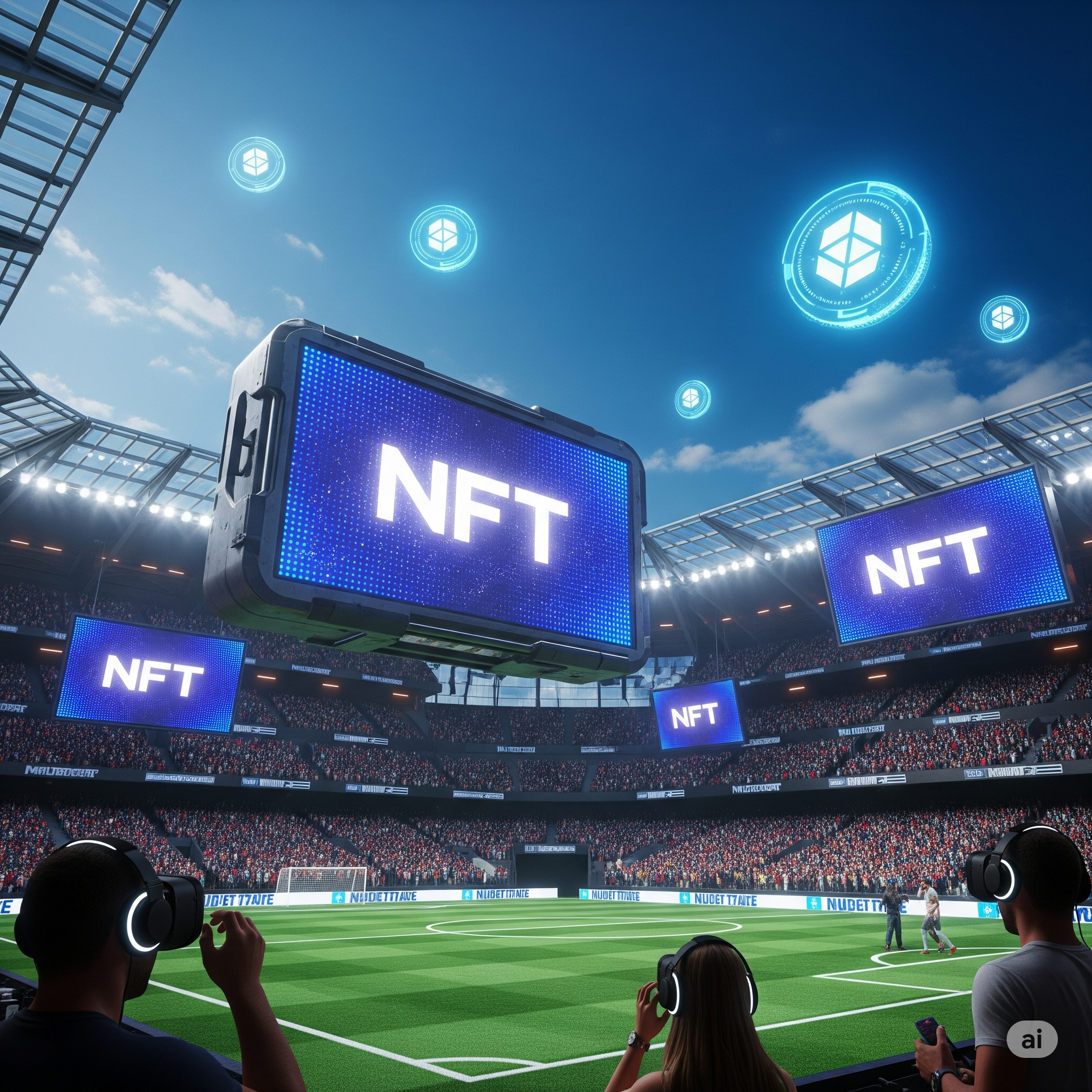 Metaverse football stadium with NFT screens, VR fans.