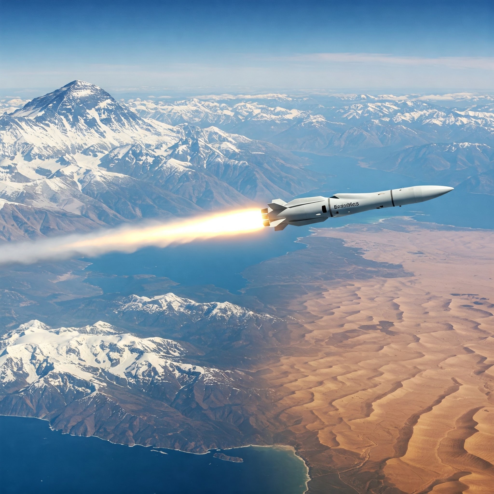 BrahMos missile in flight over mountains, sea, desert.