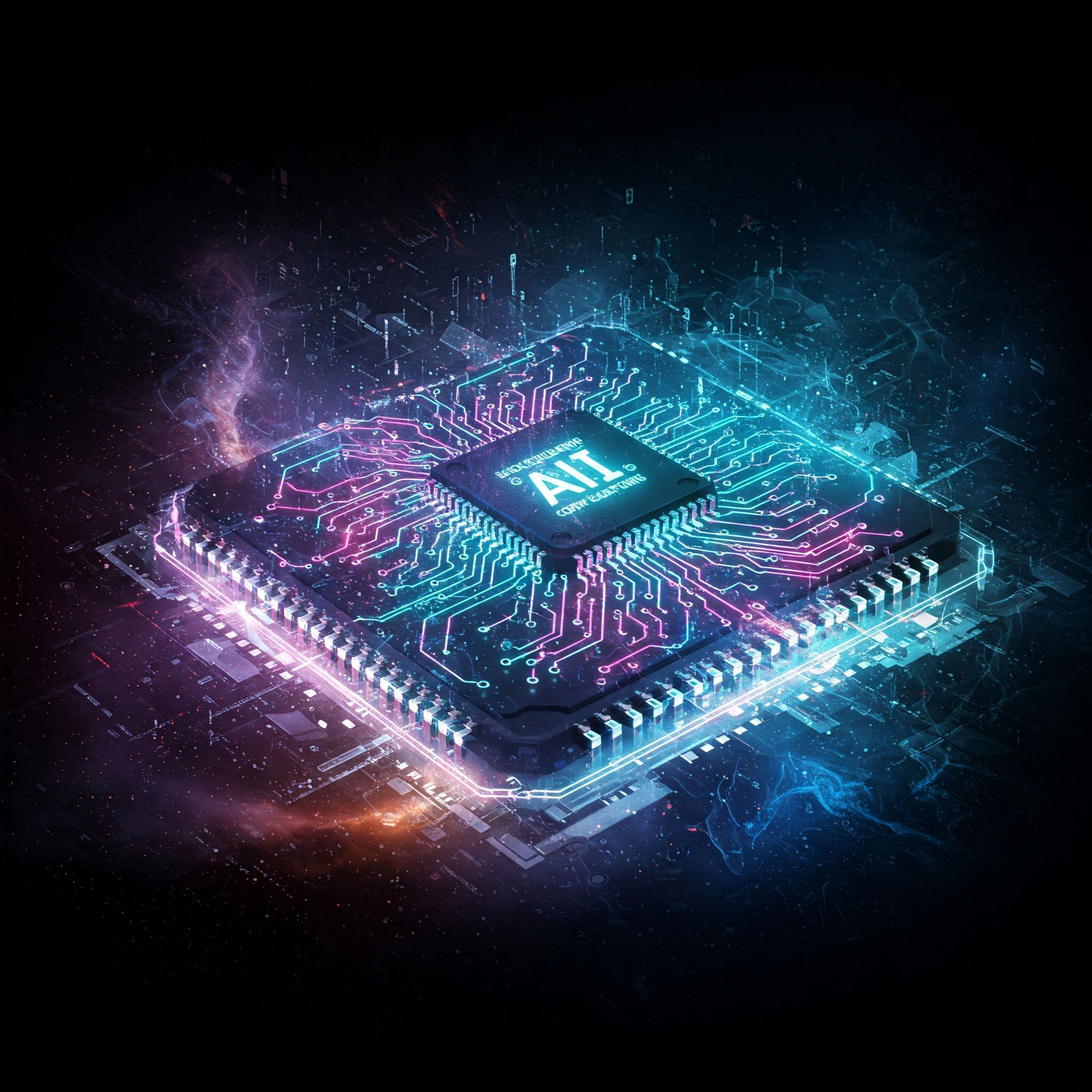Futuristic AI chip with edge computing circuits and glowing lines.