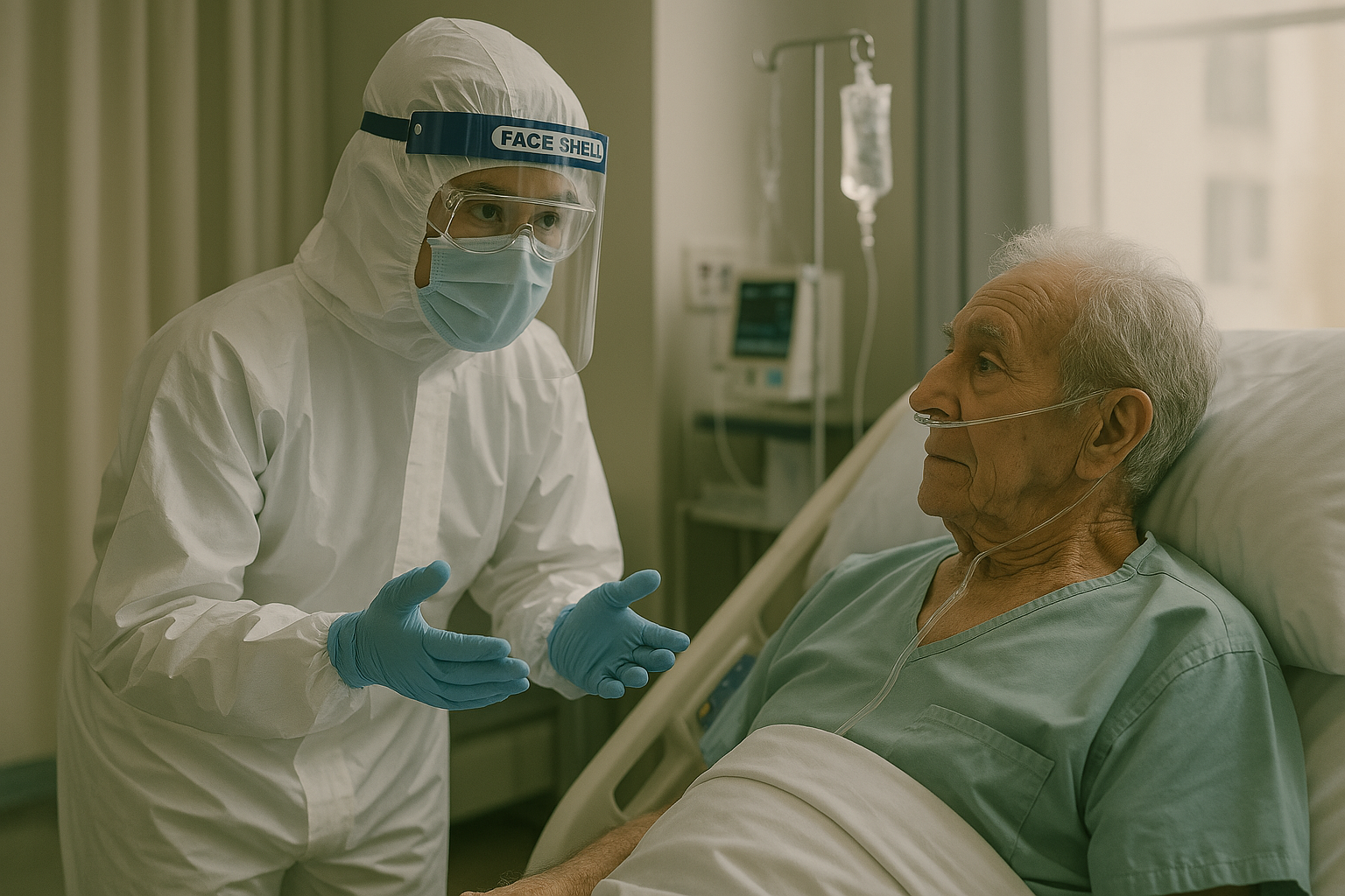 A doctor in PPE speaks with an elderly patient on oxygen support in a realistic hospital setting.