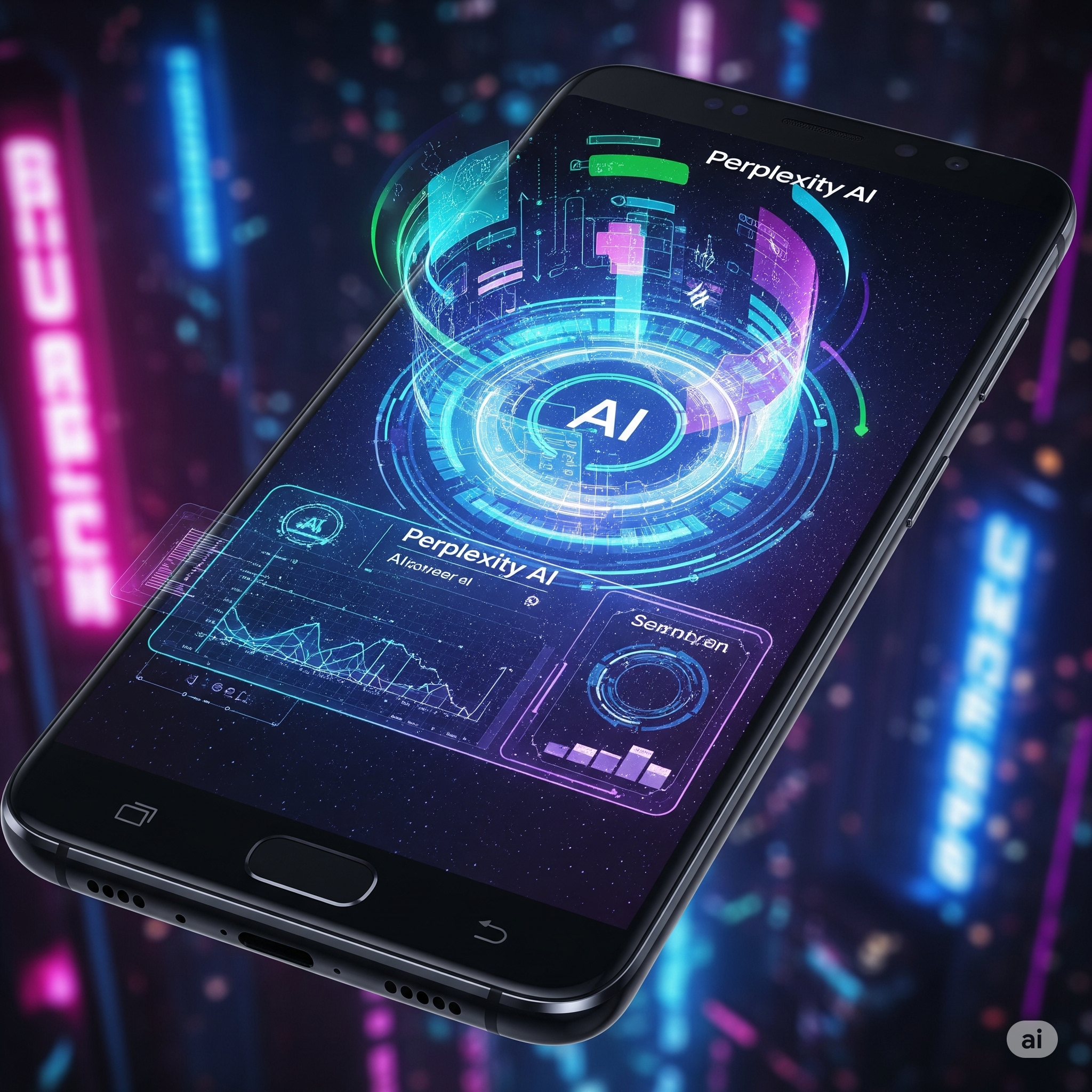 Samsung phone displaying a holographic AI interface.