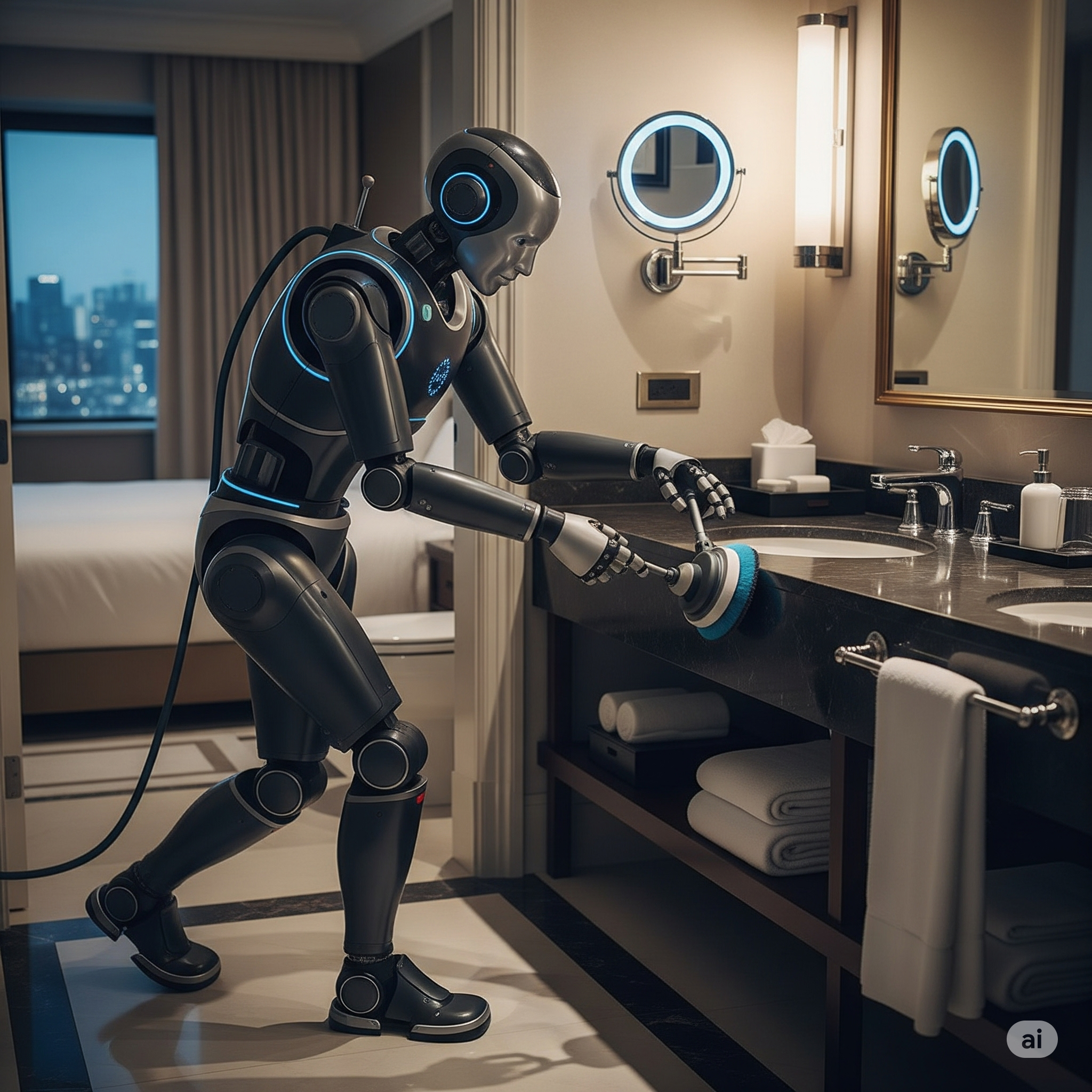Humanoid robot cleaning luxury hotel bathroom.