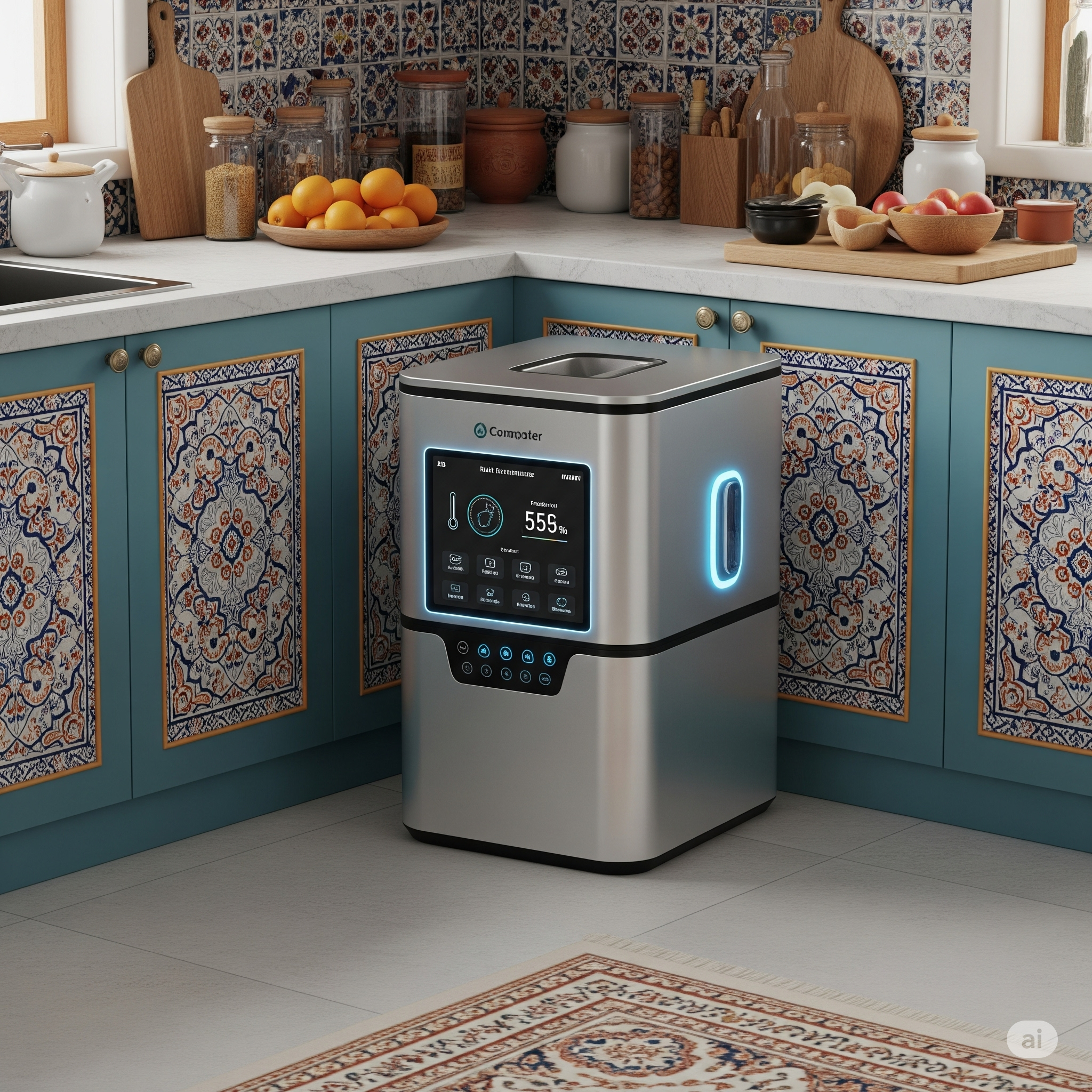 Smart composter in Indian kitchen showing temperature, compost level.