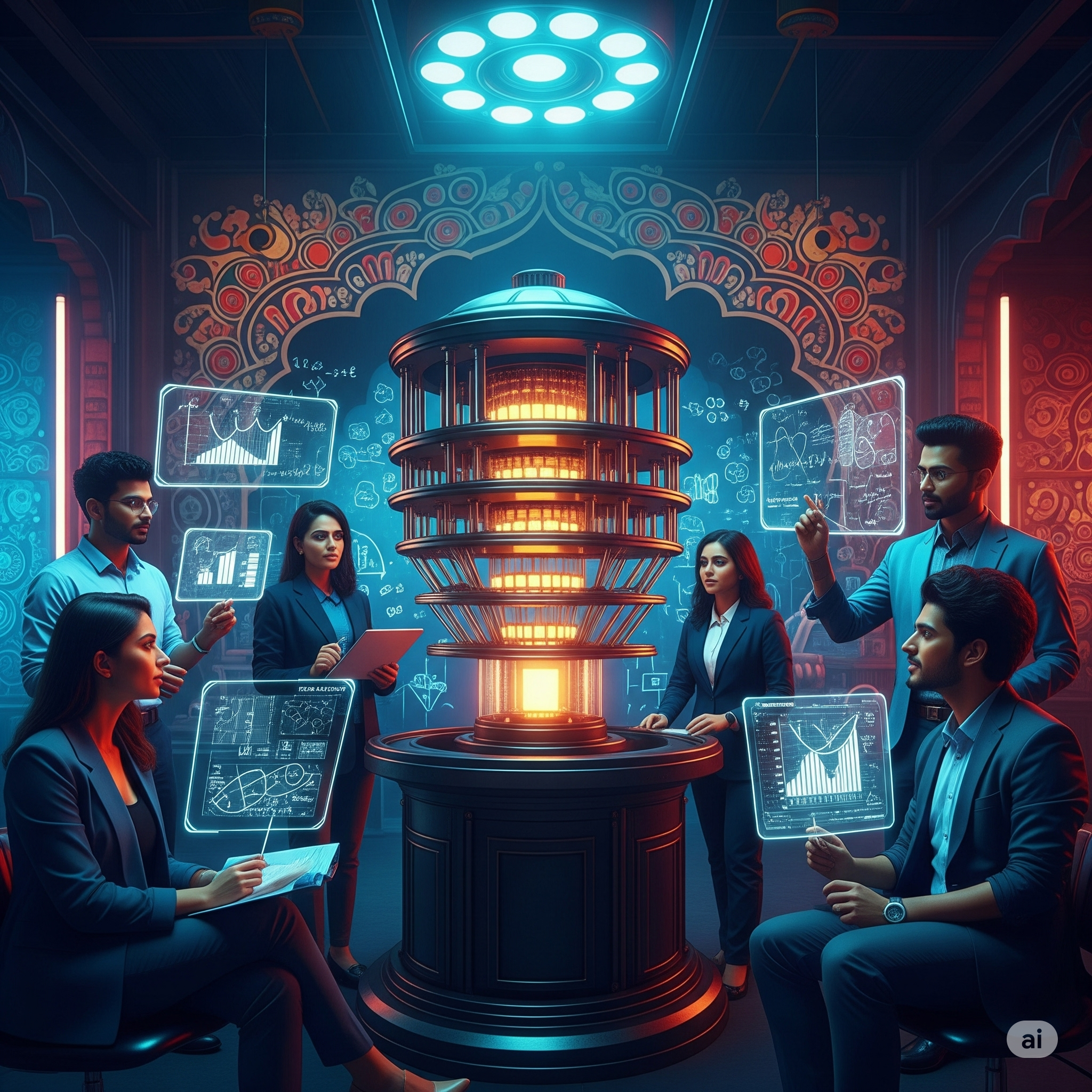 Futuristic startup lab with quantum computer.