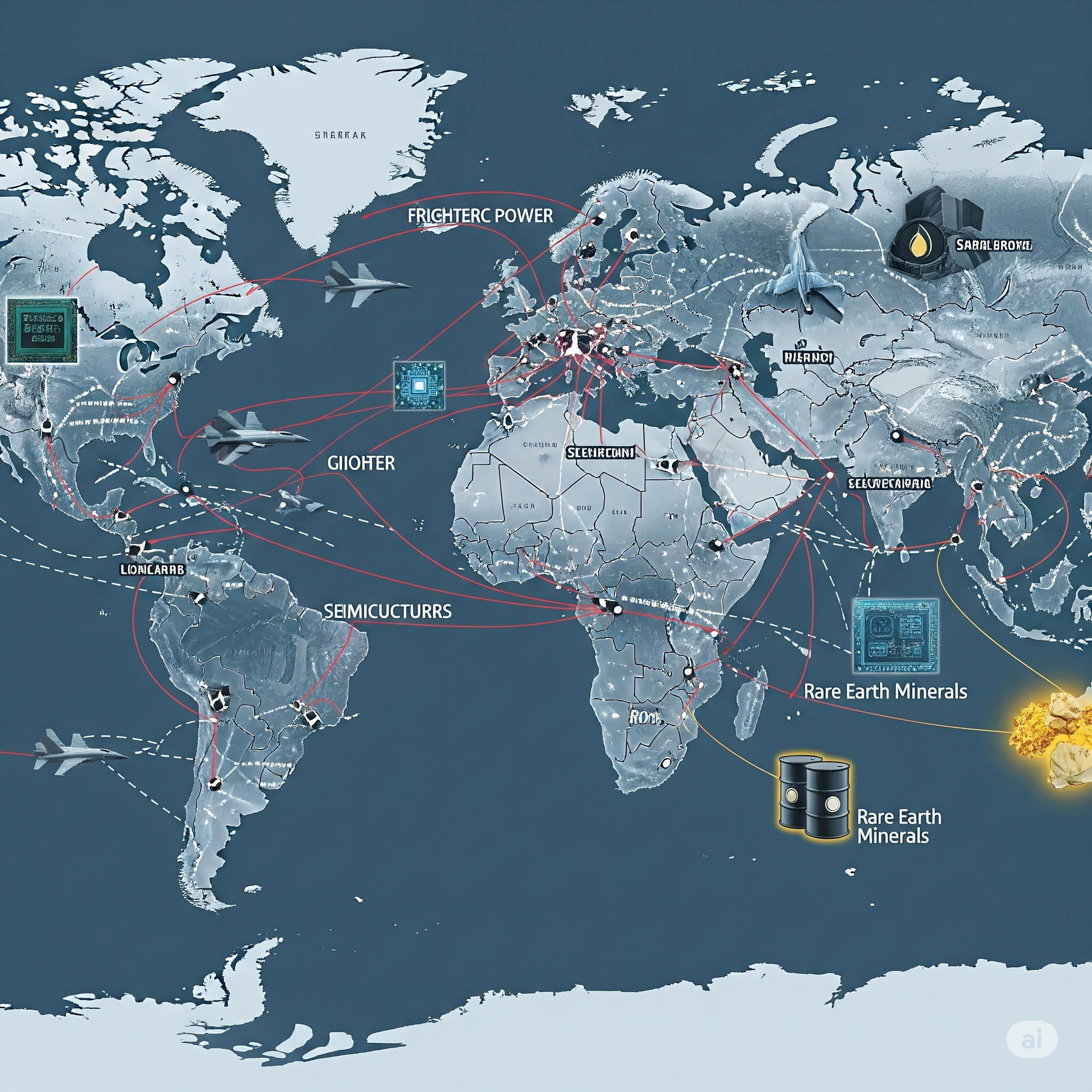 Political world map with trade and military lines.