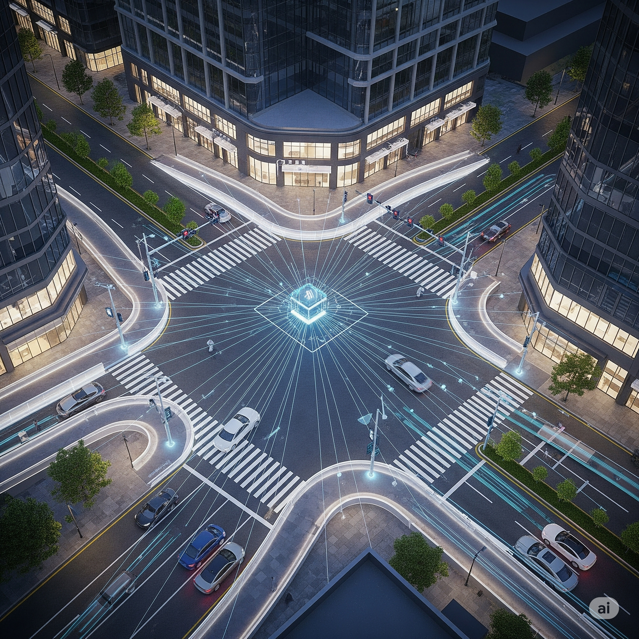 Smart city intersection with AI traffic lights.