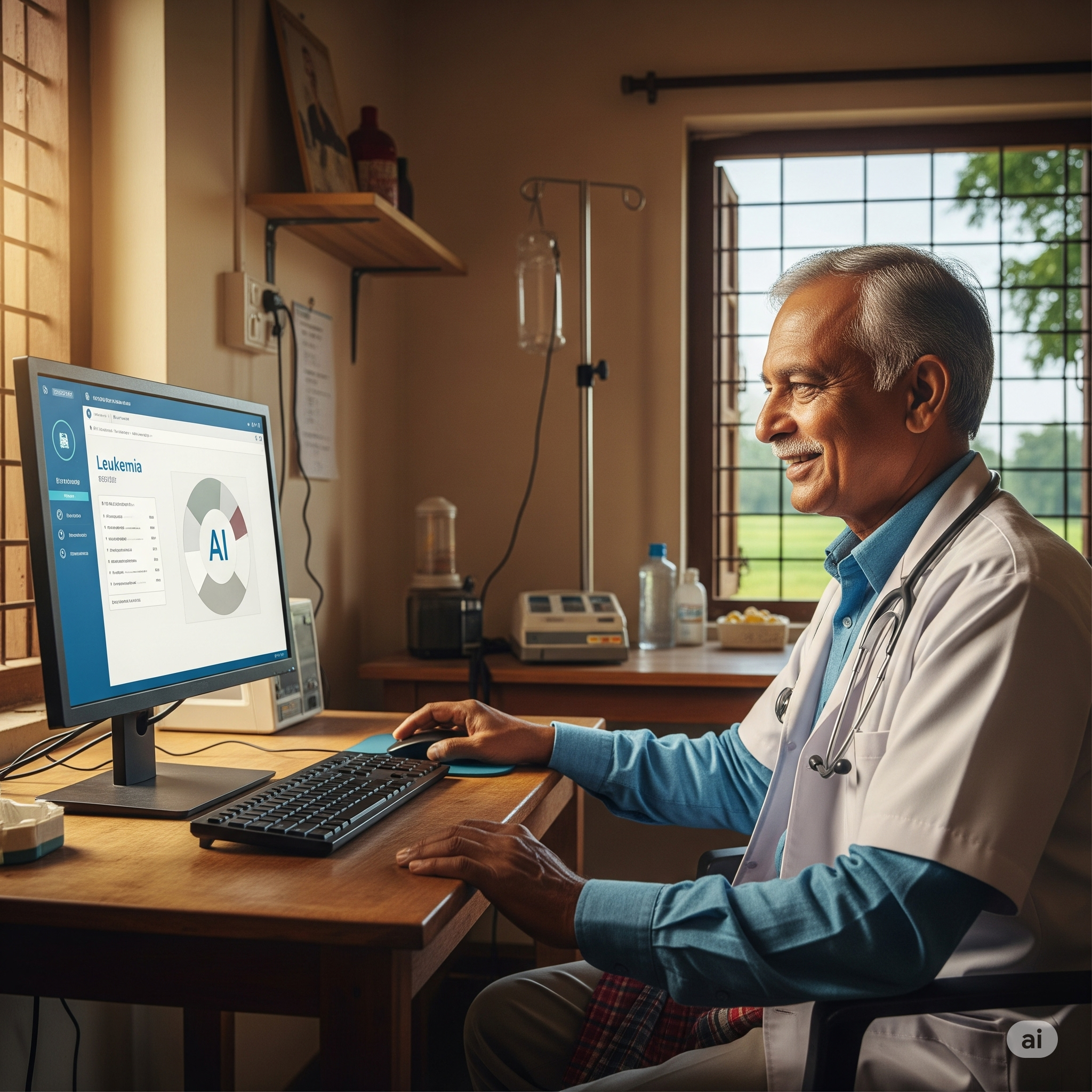 Rural clinic using AI for leukemia diagnosis.