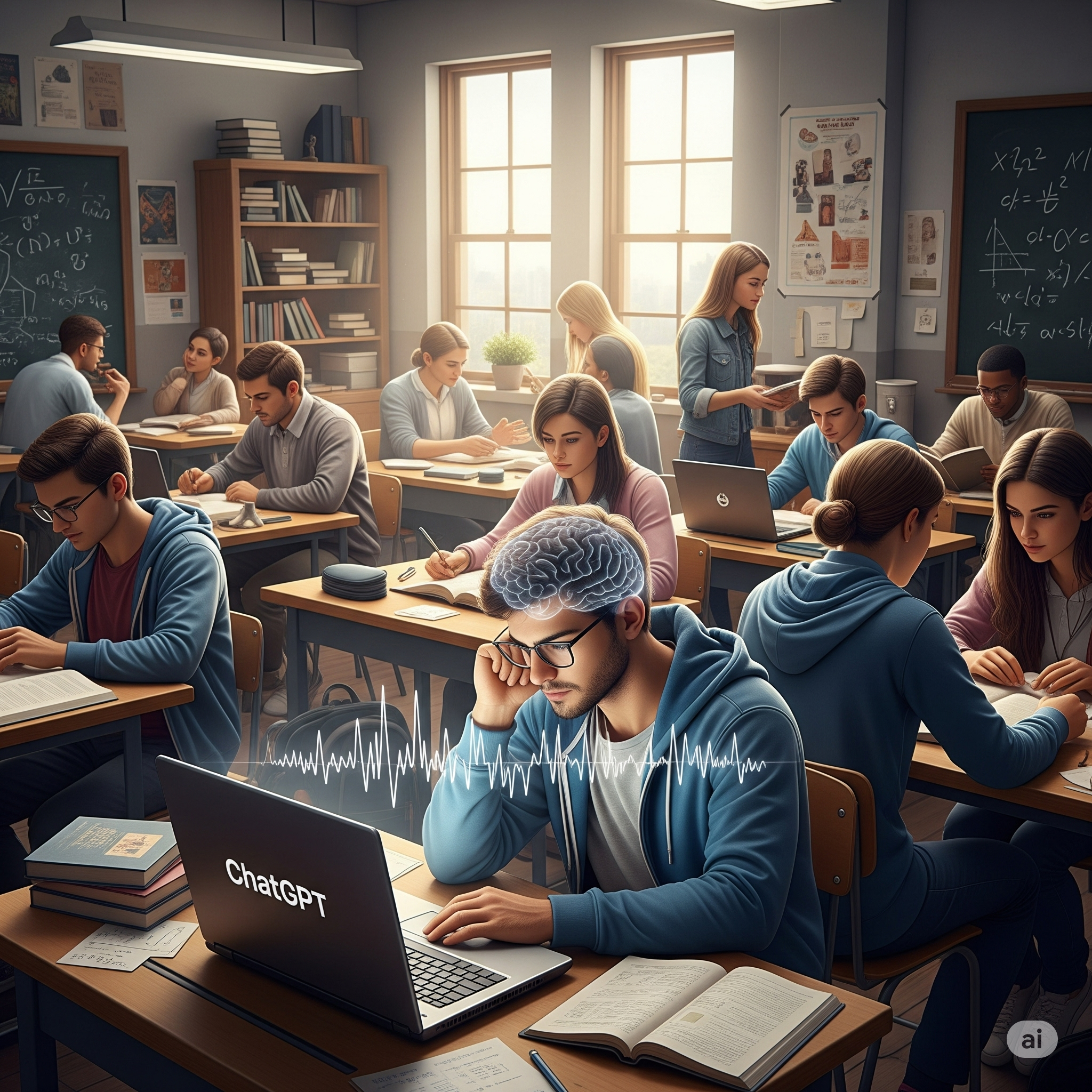 University students with one using ChatGPT.