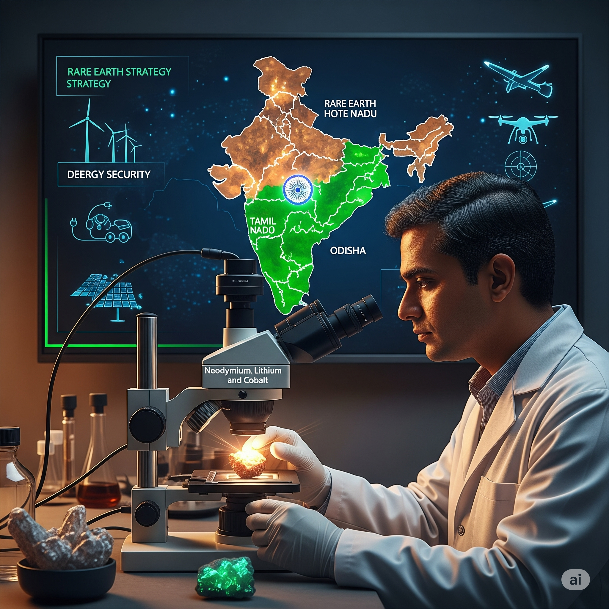 Indian mineral lab with scientist examining sample.