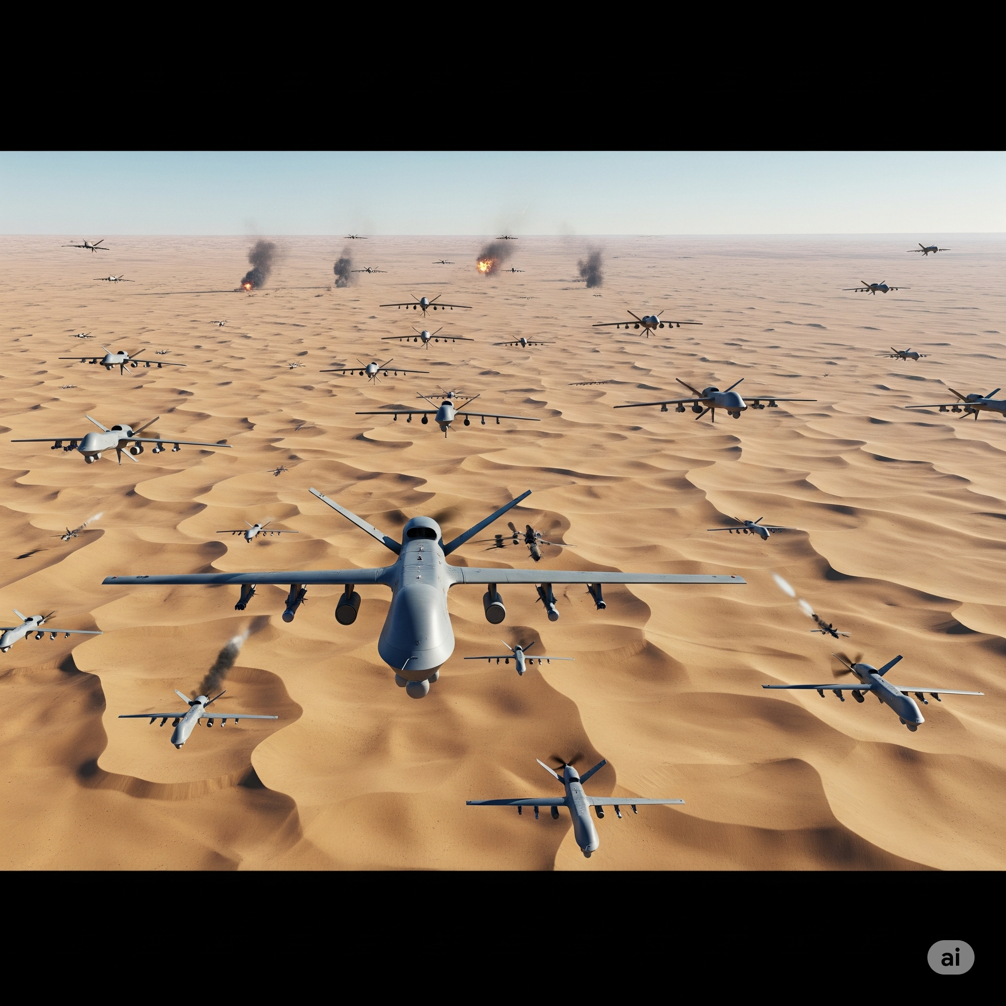 Military drones in formation over a desert.