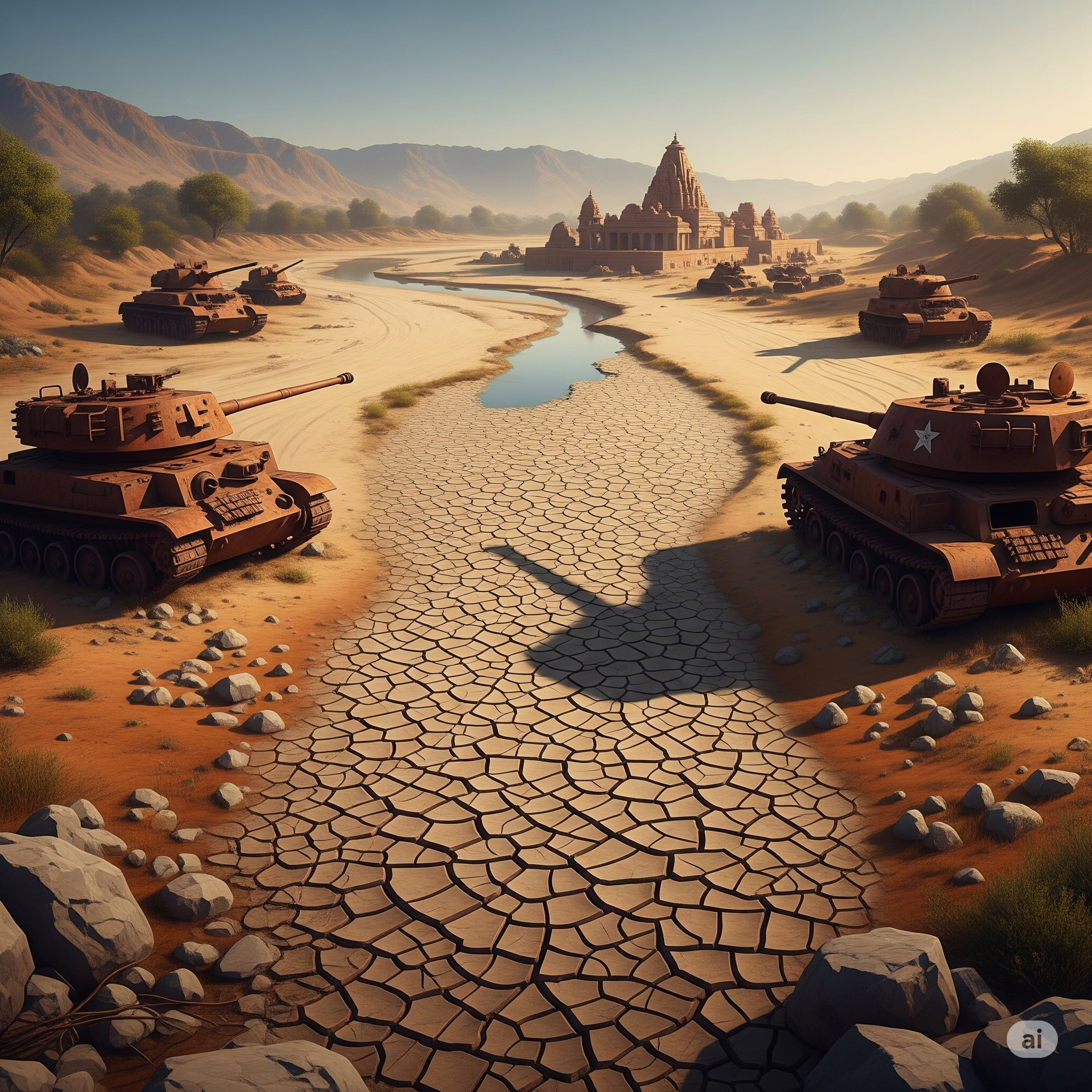 Desertified landscape, dry riverbed, war machines, water conflict.