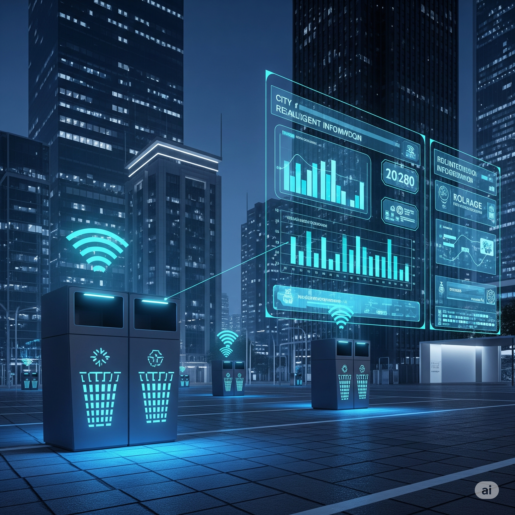 Futuristic urban street with smart waste bins.