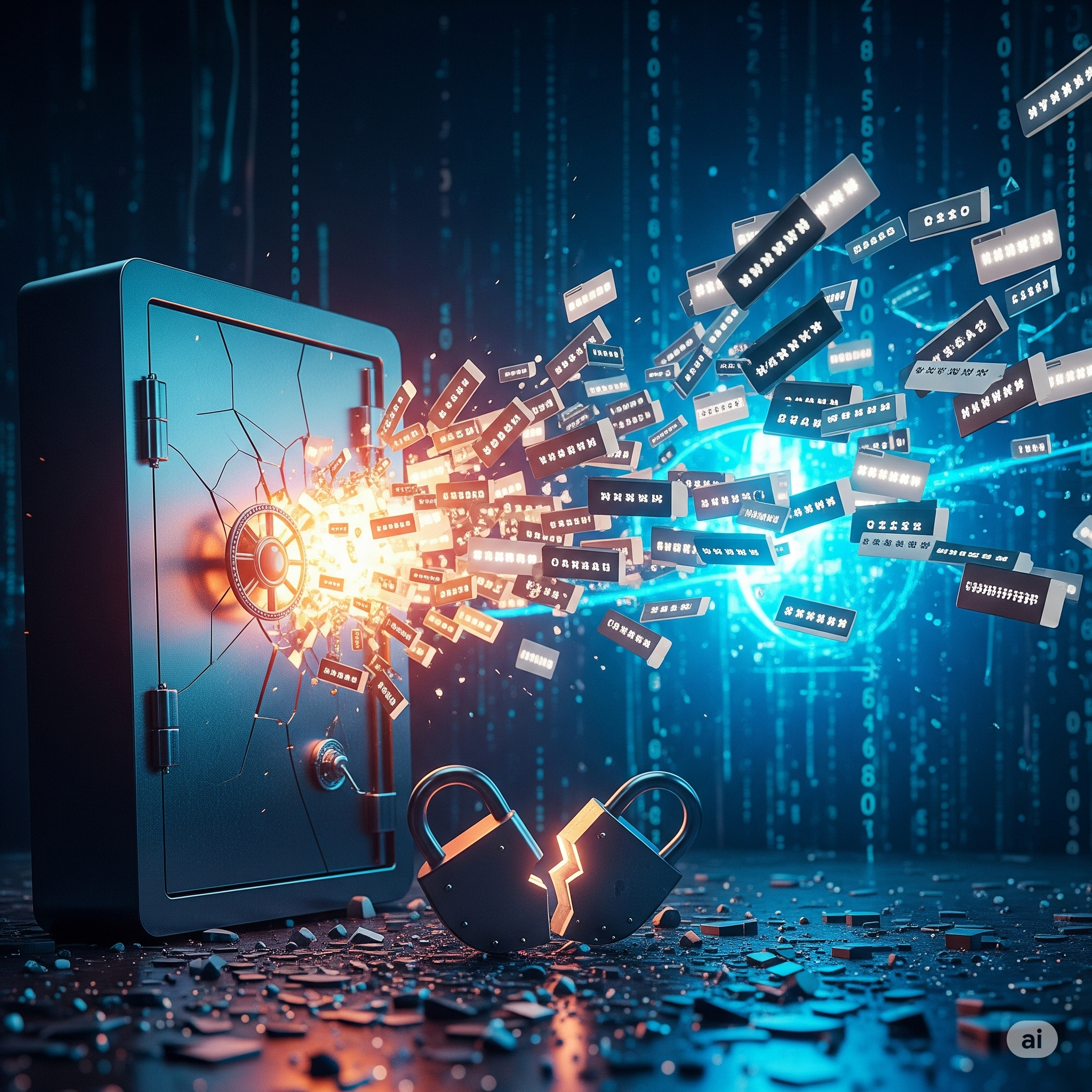 Digital vault exploding with password files.