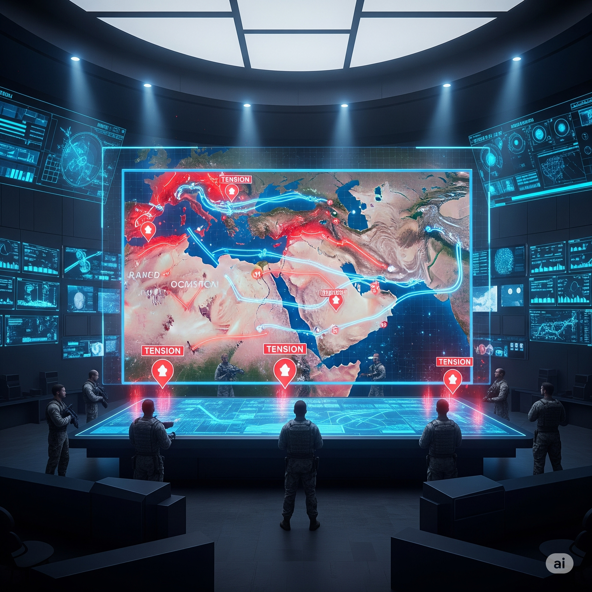 Futuristic war room with Middle East satellite map