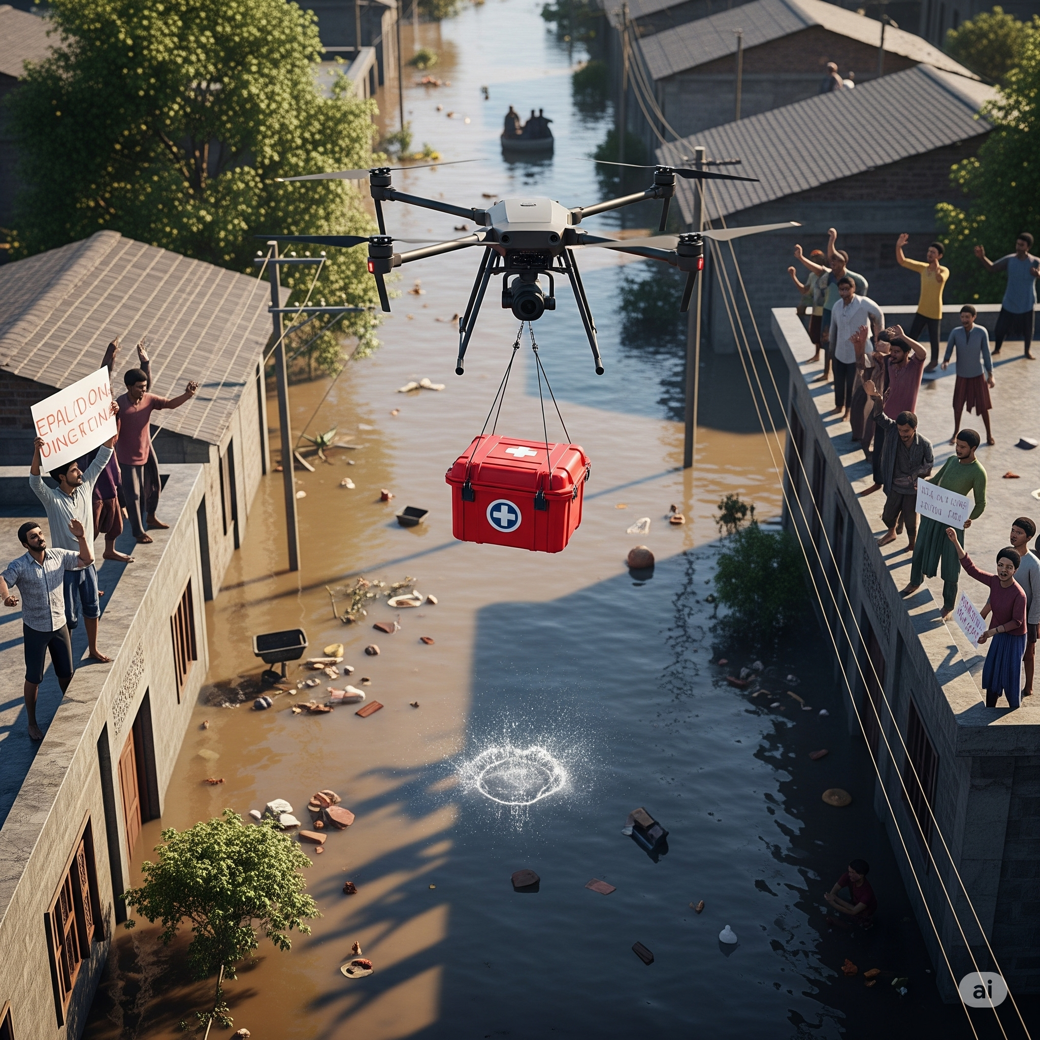 Drone drops medical supplies over flood-affected village.