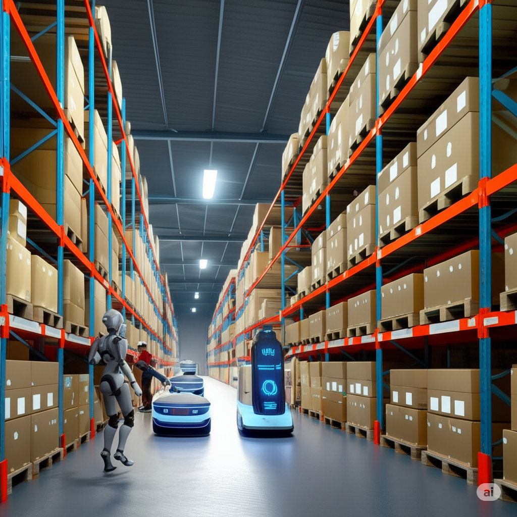 AI robots and humans work together in a warehouse.